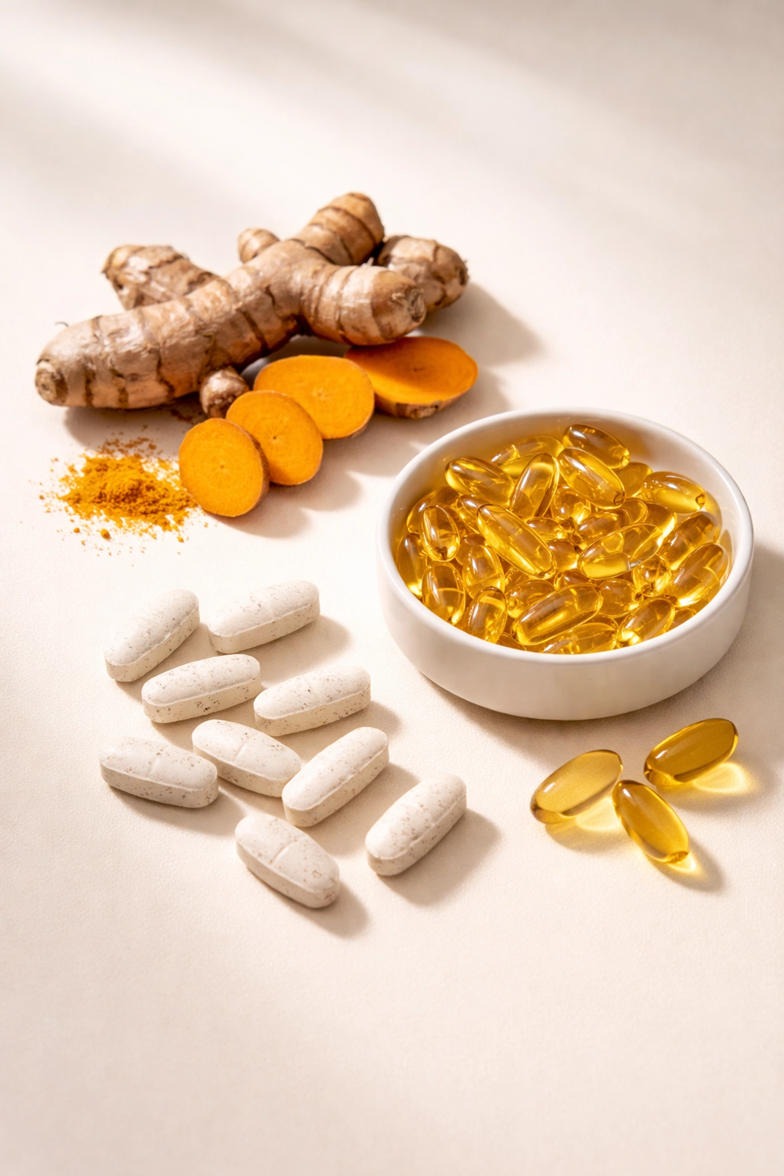 Turmeric root, fish oil capsules, and supplement tablets illustrating natural anti-inflammatory supplements for joint health
