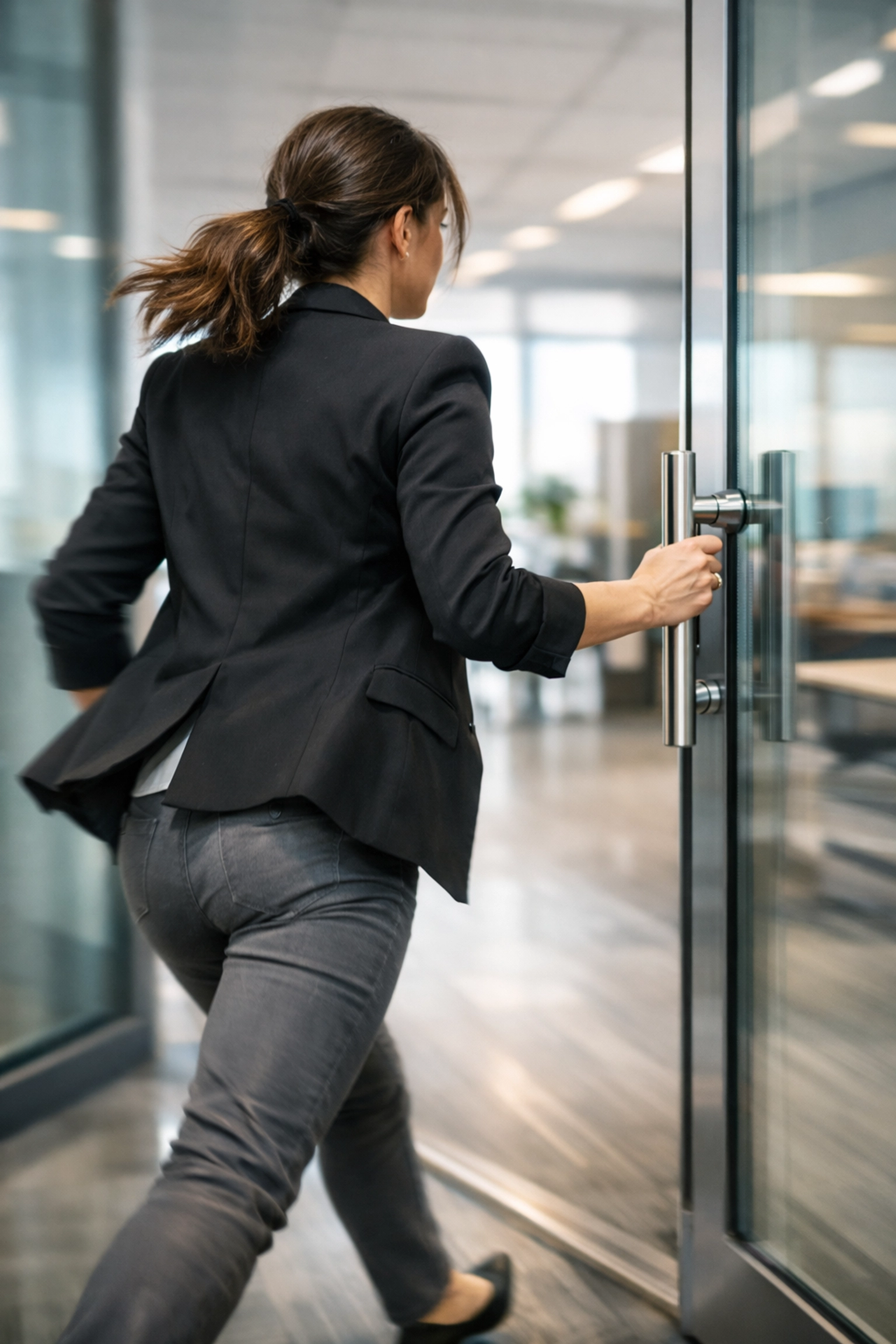 Professional woman confidently taking action and entering workplace