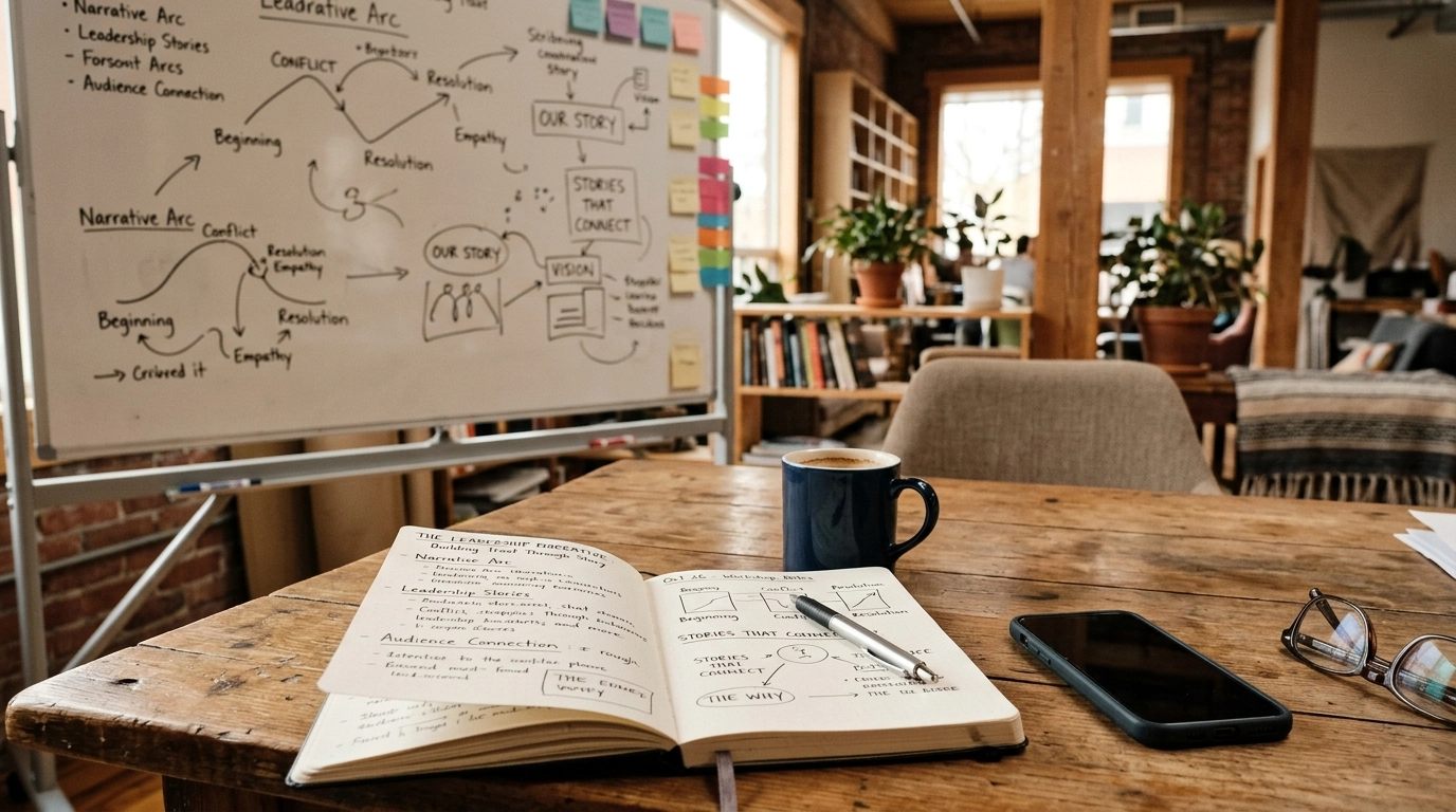 Notebook, coffee, and story notes in a creative workspace