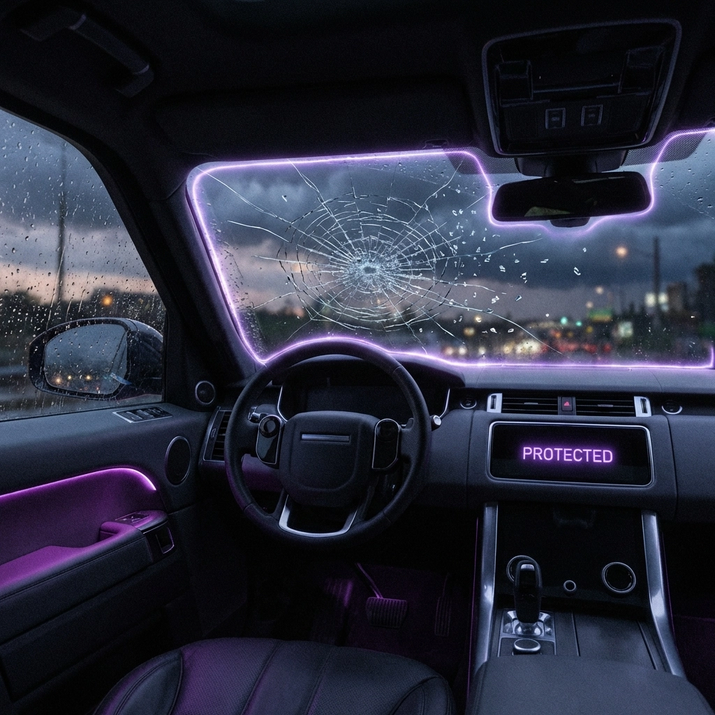 SUV interior showing windshield protection film safely containing cracks and preventing glass shards.