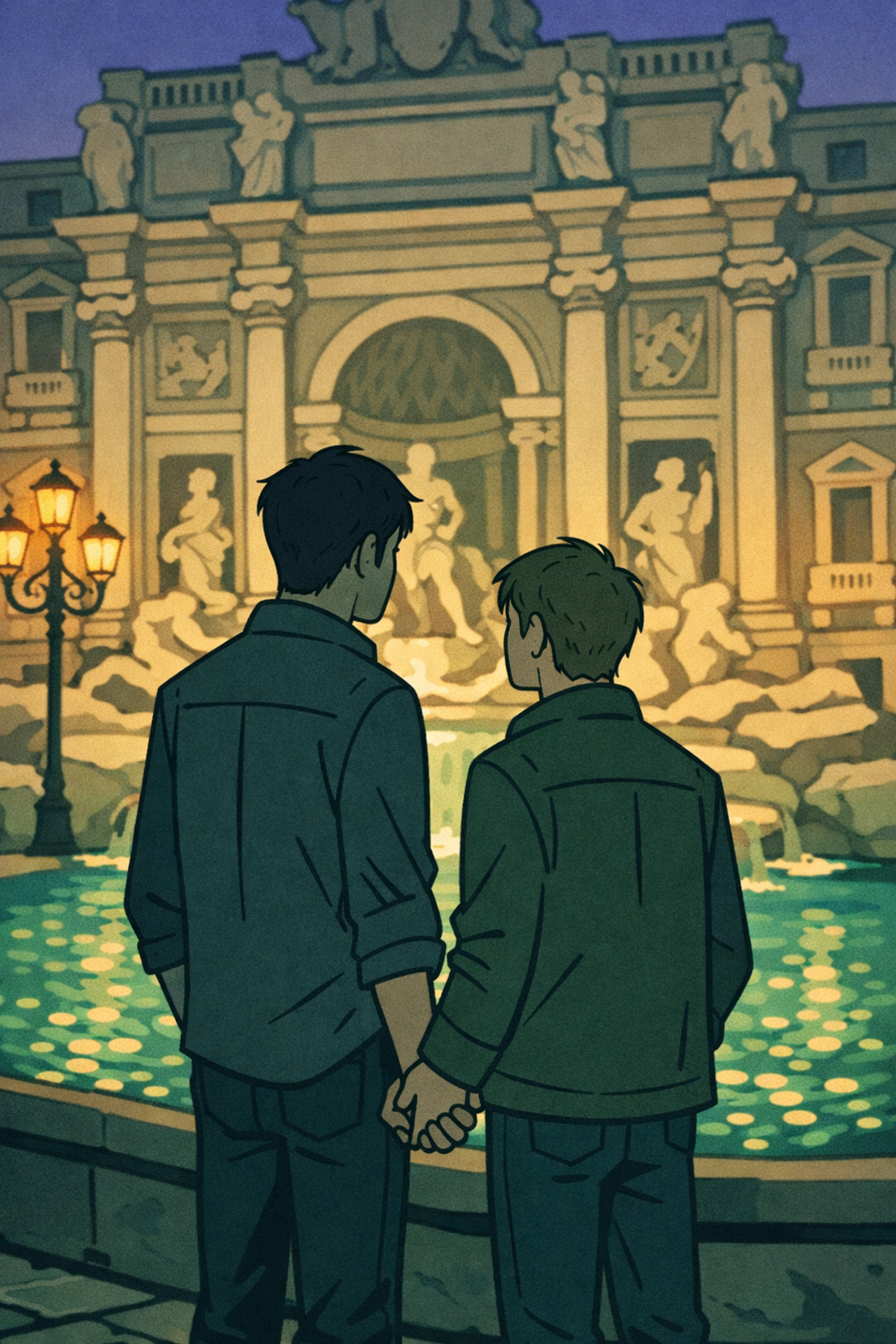Two men holding hands at illuminated Trevi Fountain Rome - MM romance Valentine's Day setting