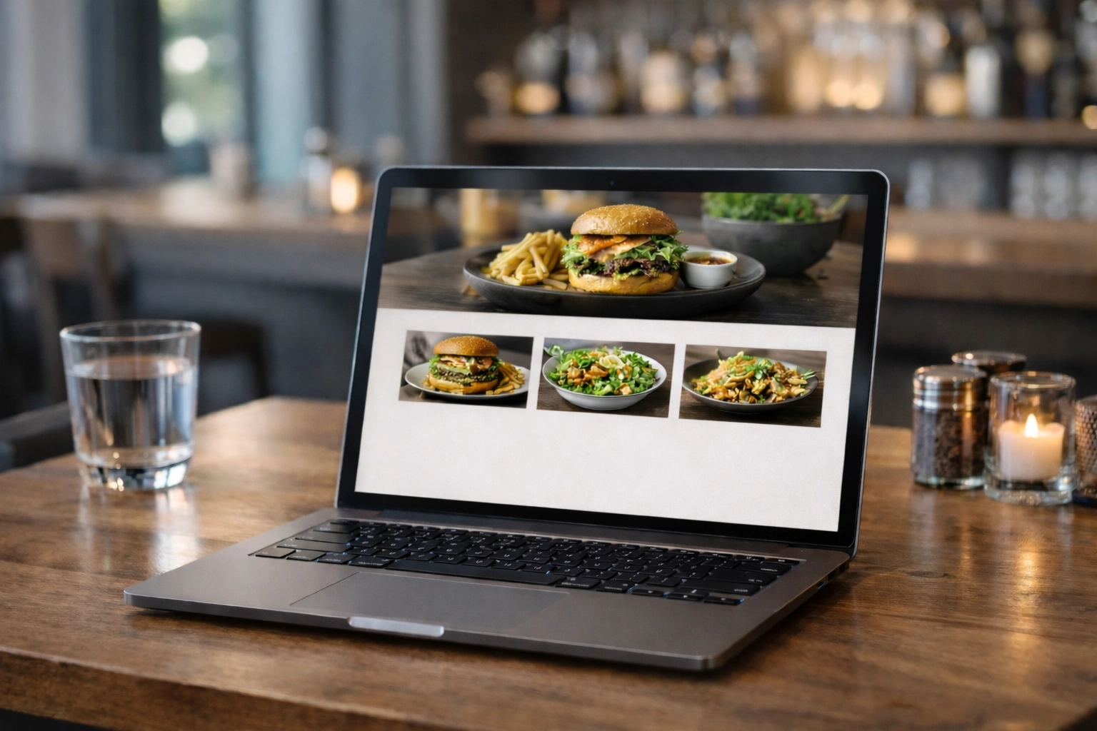 Restaurant ordering website displayed on laptop at dining table with bar in background
