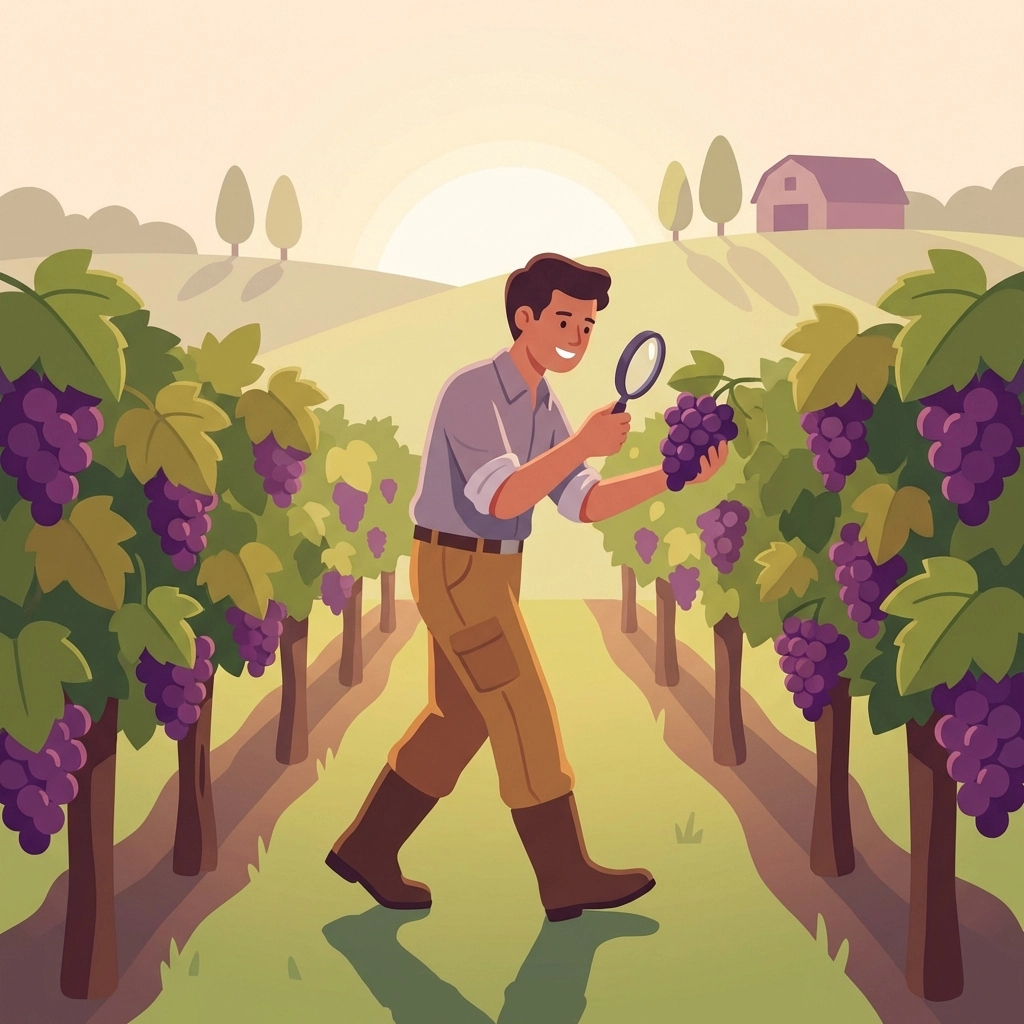 Virginia winemaker strolling between grapevines, examining fresh grapes during a vineyard tour experience