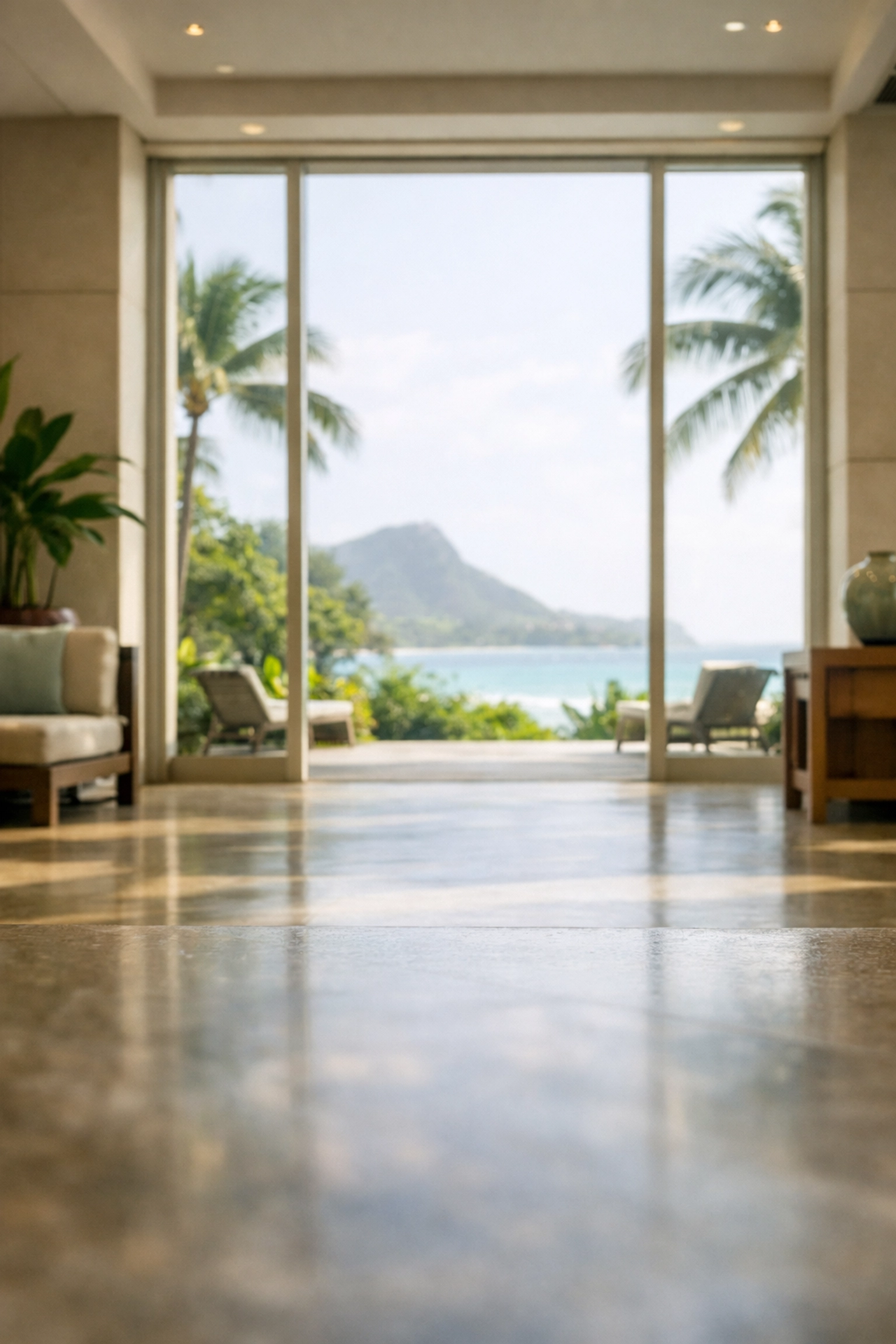 Balanced indoor air conditioning in an Oahu lobby overlooking the tropical coast.
