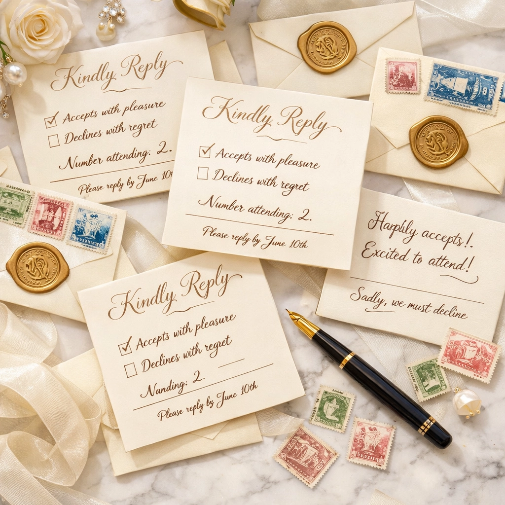 Traditional wedding RSVP cards with envelopes and stamps showing expensive printing costs