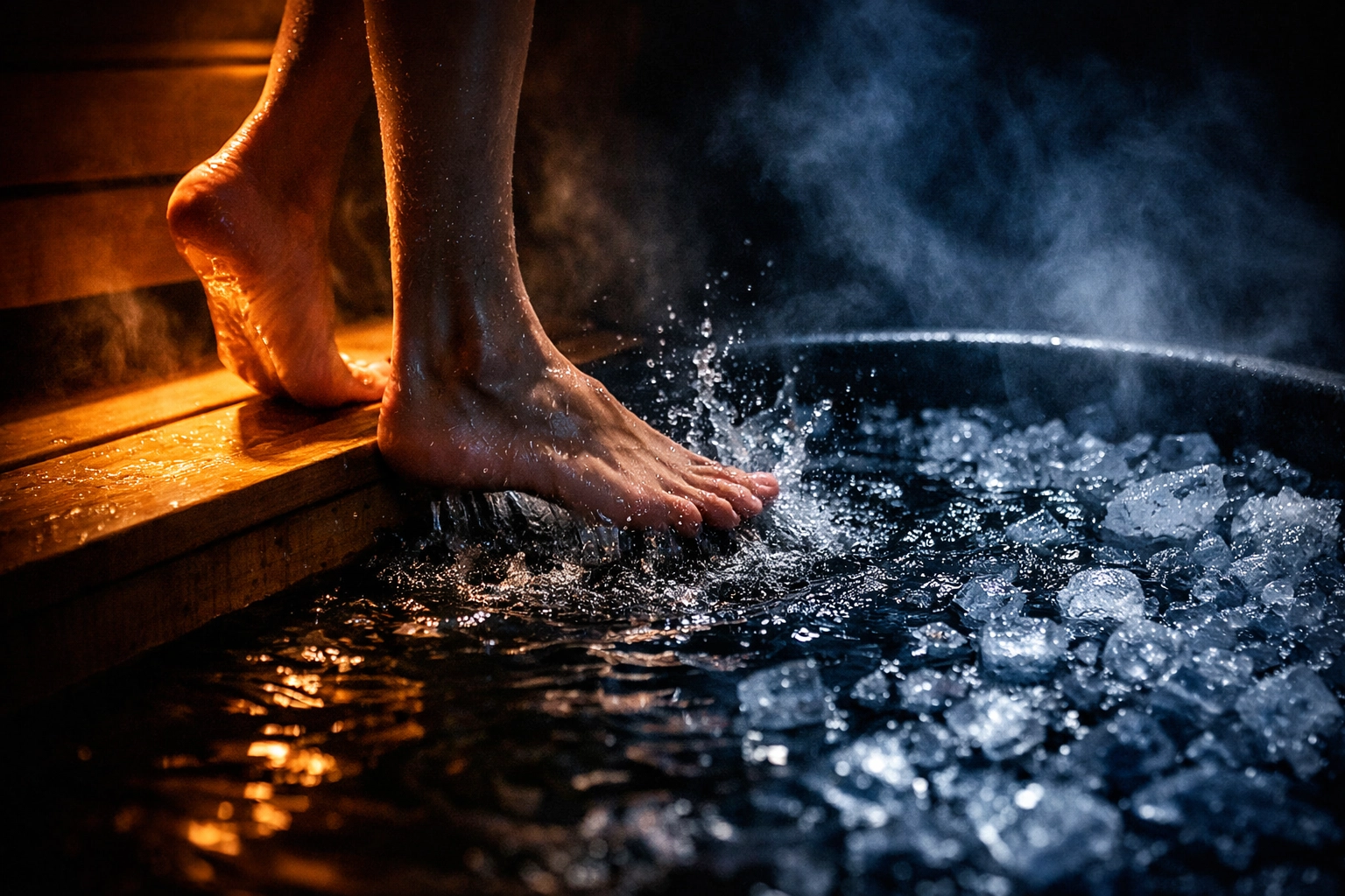 Individual stepping into an ice bath after a sauna to trigger a dopamine boost and mental clarity.