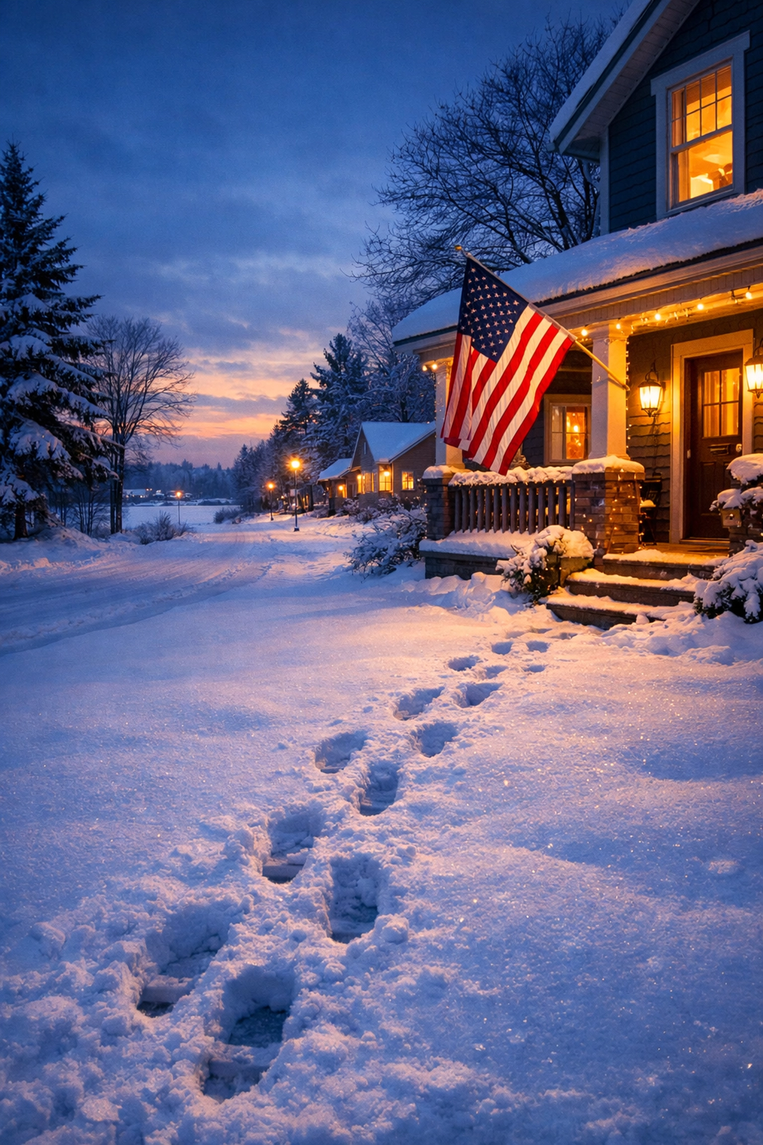 Minnesota winter street scene with American flag and home lights