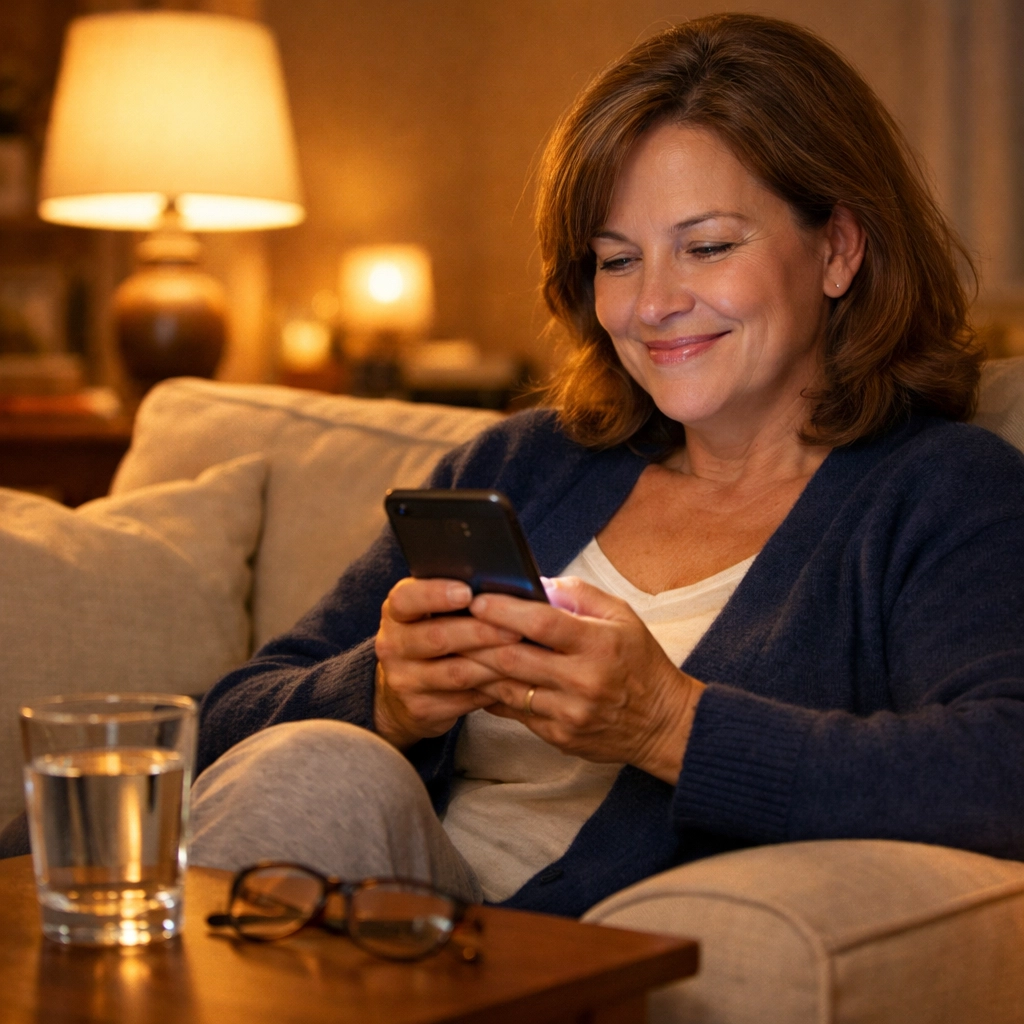 Woman texting with doctor on smartphone for prescription refill from home using telehealth service