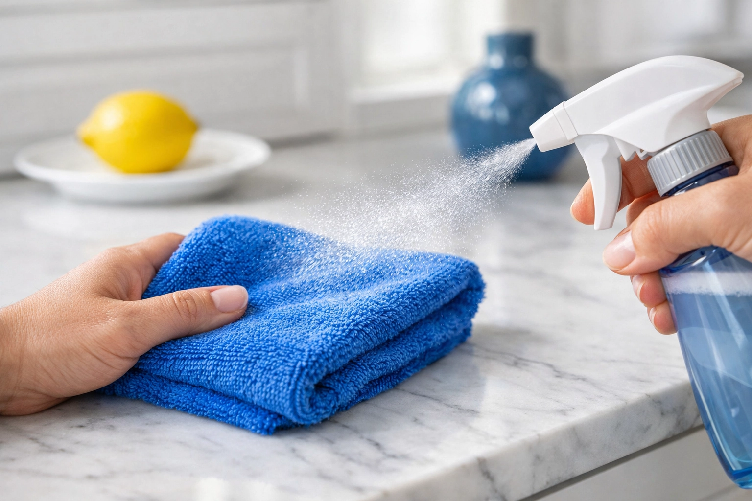 Applying spray to a microfiber cloth for streak-free house cleaning Westborough in a modern kitchen.