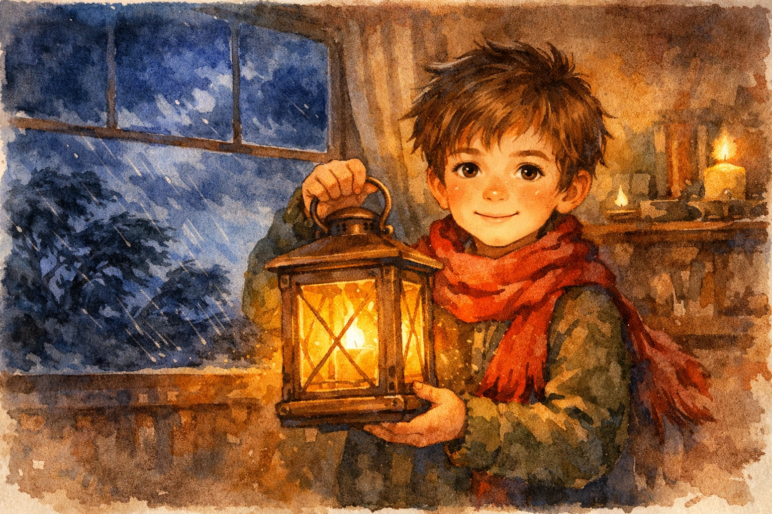 A boy holding a bright lantern inside a warm house to find peace during a stormy night.