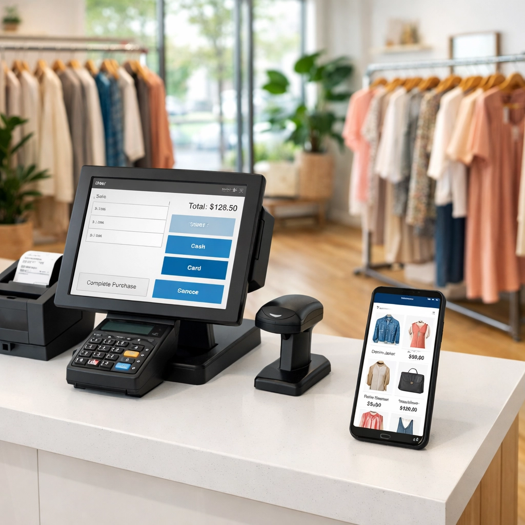 Retail boutique POS system on counter with smartphone showing real-time inventory synchronization