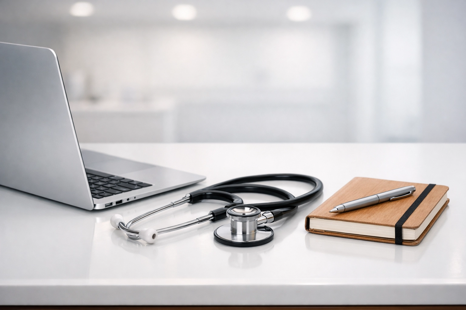 Desk with laptop and stethoscope symbolizing done-for-you chiropractic marketing and SEO partnership