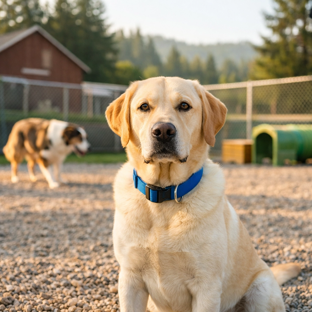 Yellow Lab enjoying supervised socialization in the outdoor play yard at Green Acres K-9 Resort in Boring, Oregon.