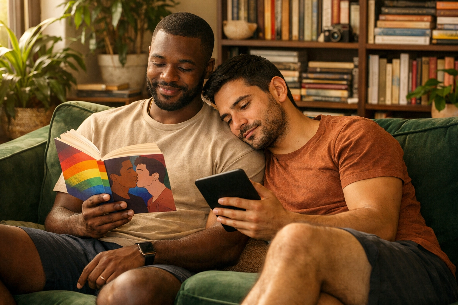 Black and Latino gay couple reading queer fiction on a sofa, enjoying a peaceful reading challenge check-in.