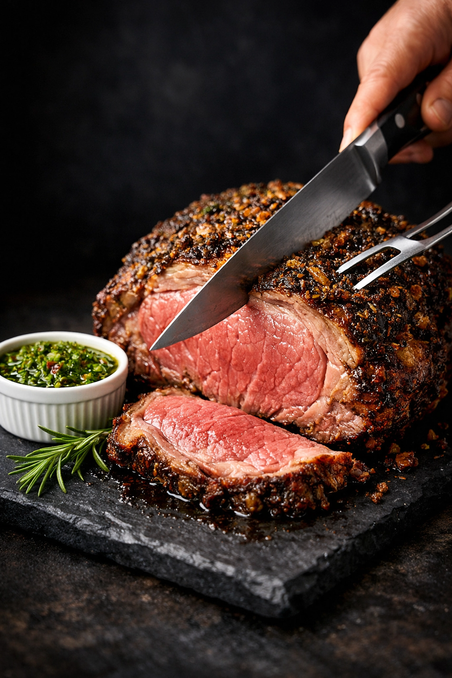 Professional carving station featuring herb-crusted prime rib for full service wedding catering in South Jersey.