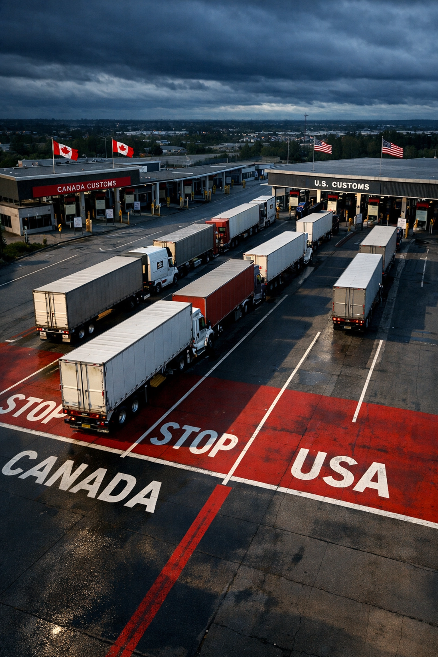 Commercial trucks lined up at Canada-US border crossing amid tariff uncertainty