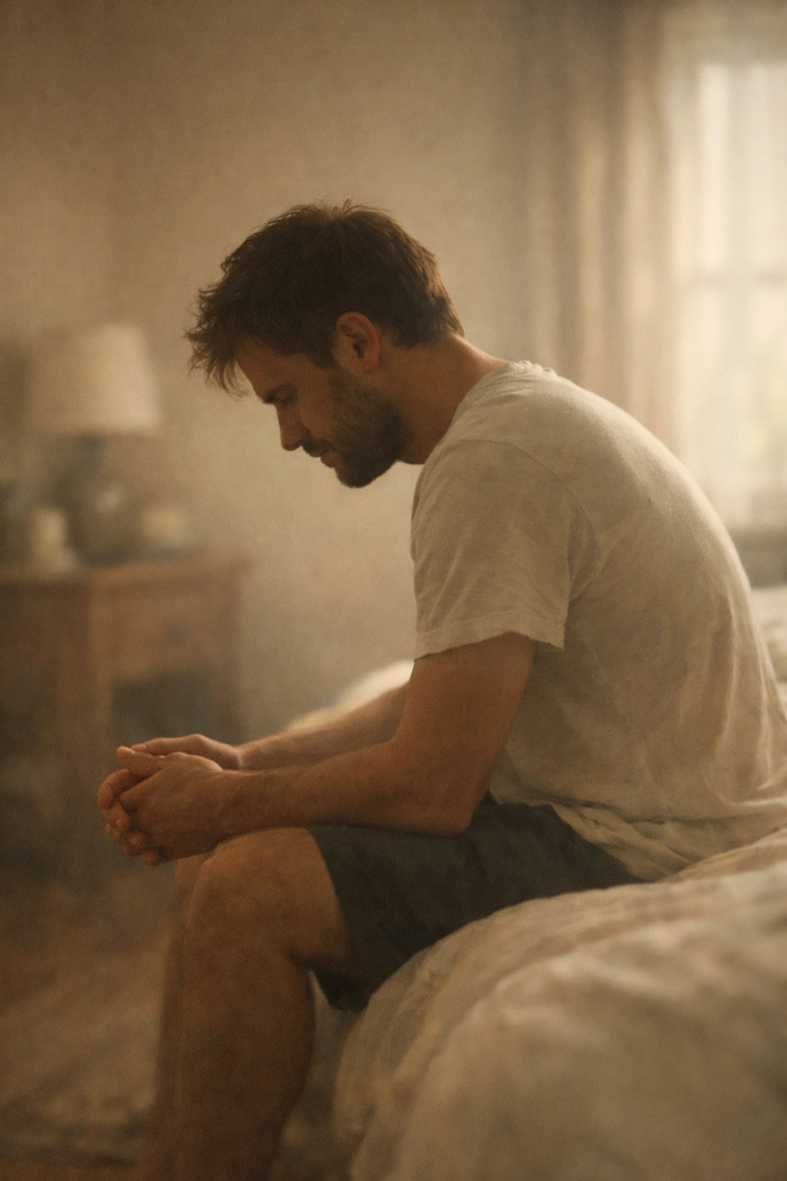 Elgondolkodó férfi az ágy szélén, a pornófüggőség okozta magány és izoláció pillanatában.