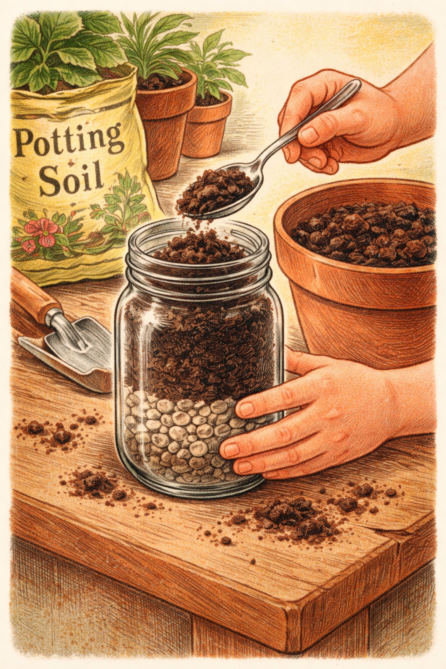 Hands spooning potting soil over rocks in a mason jar for creating a hanging herb garden