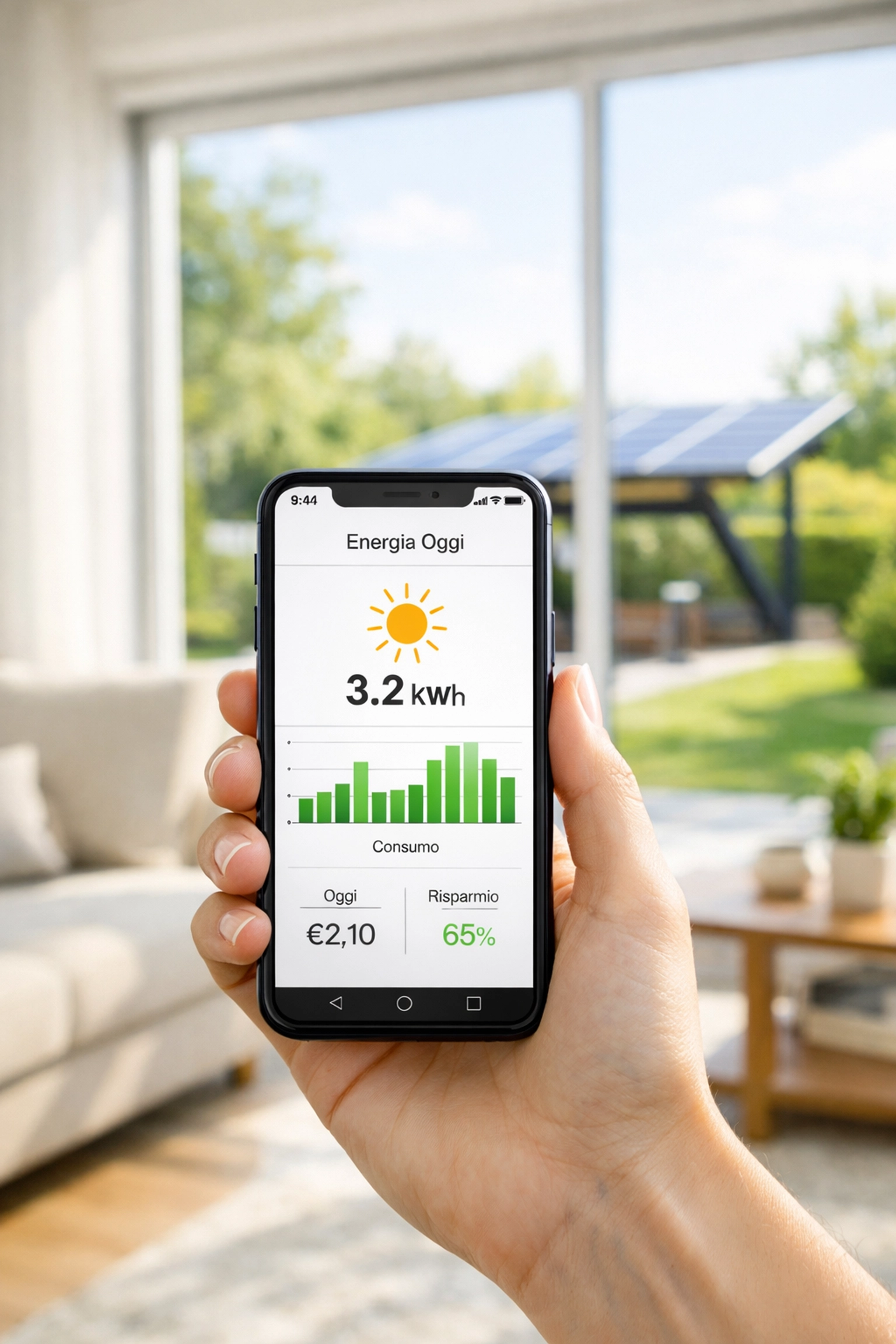 Smartphone con app di monitoraggio energetico per l'autoconsumo fotovoltaico domestico.