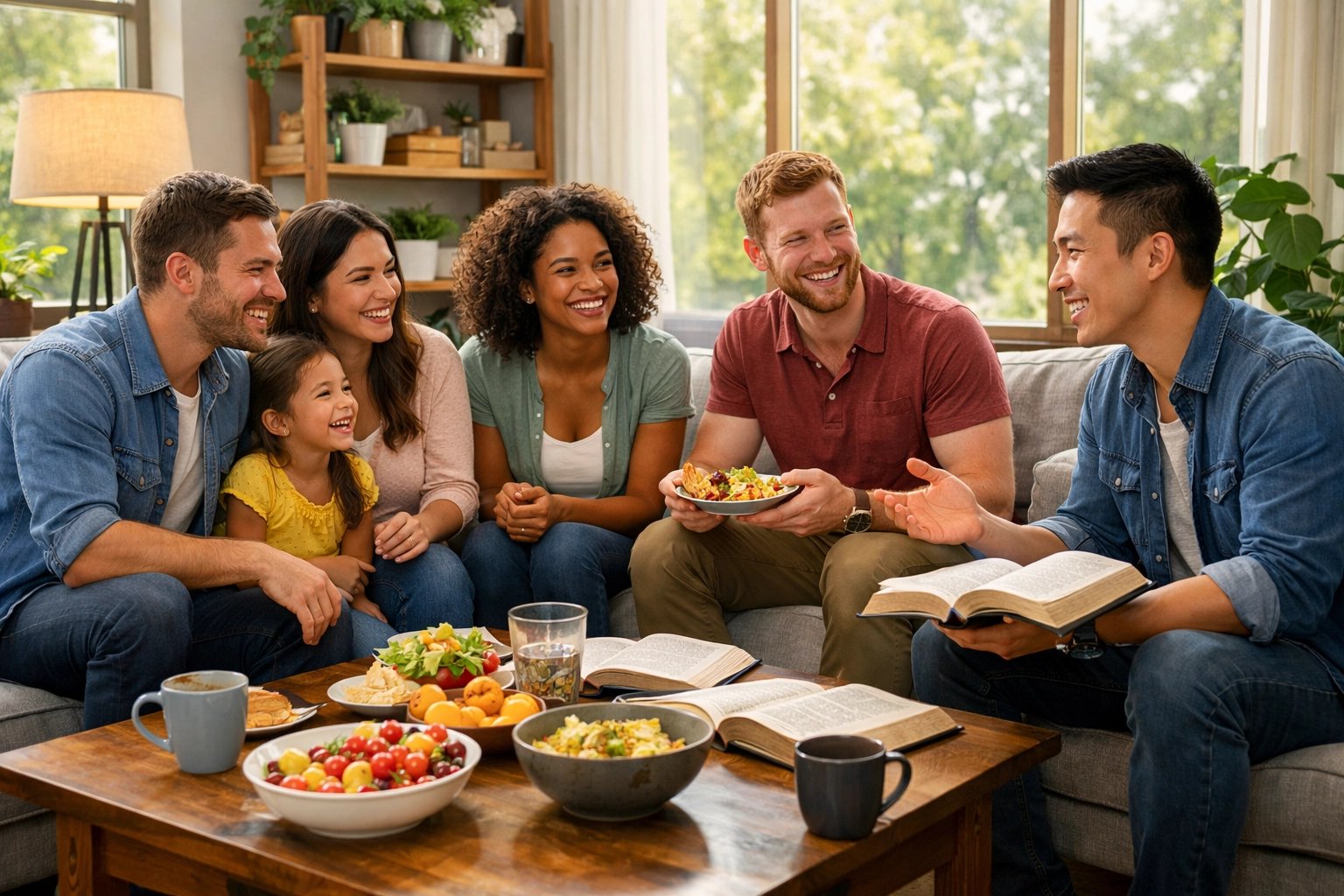Diverse group of believers sharing a meal and studying the Bible together in a bright living room.