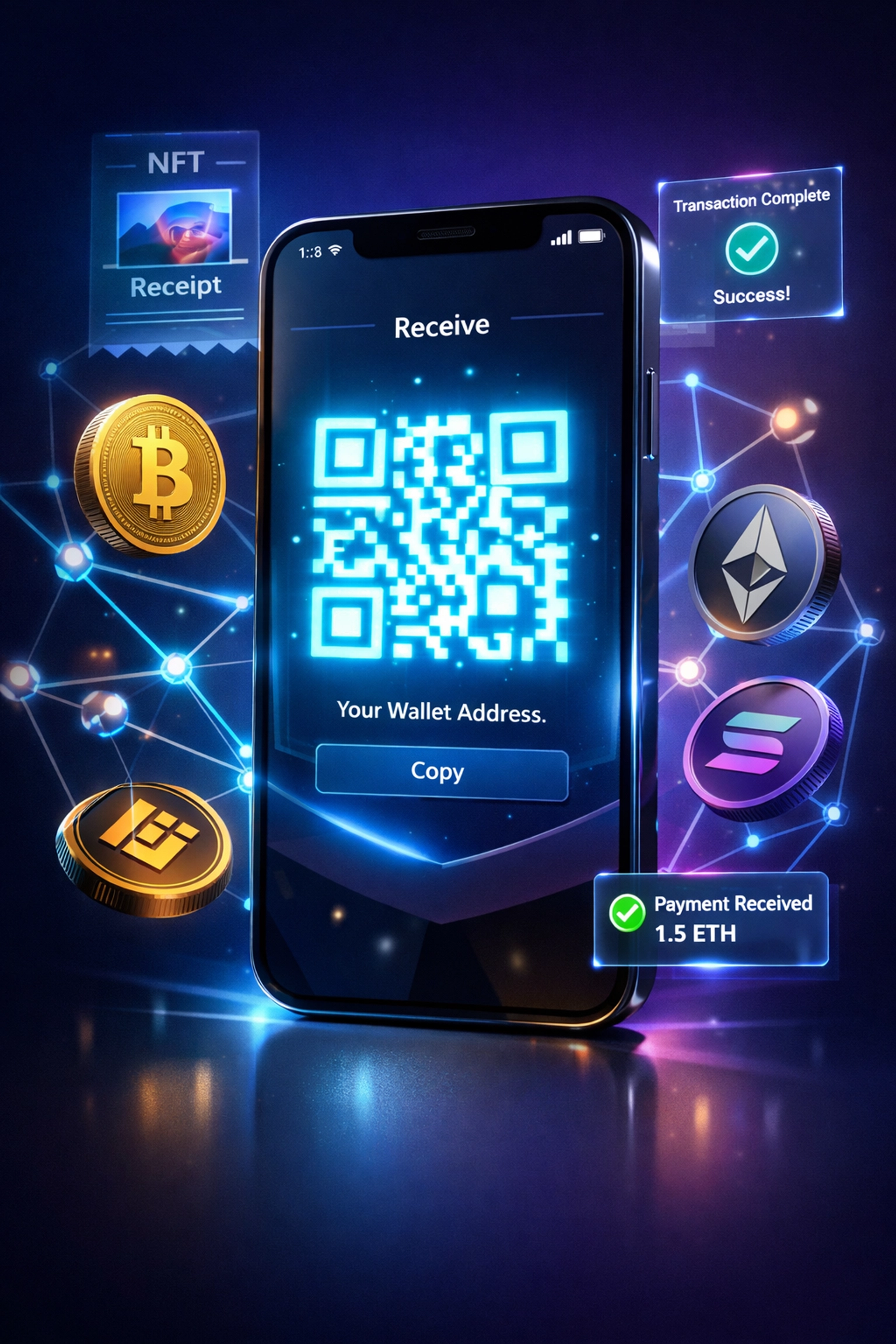 Crypto wallet interface displaying QR code for seamless blockchain payments and NFT receipts