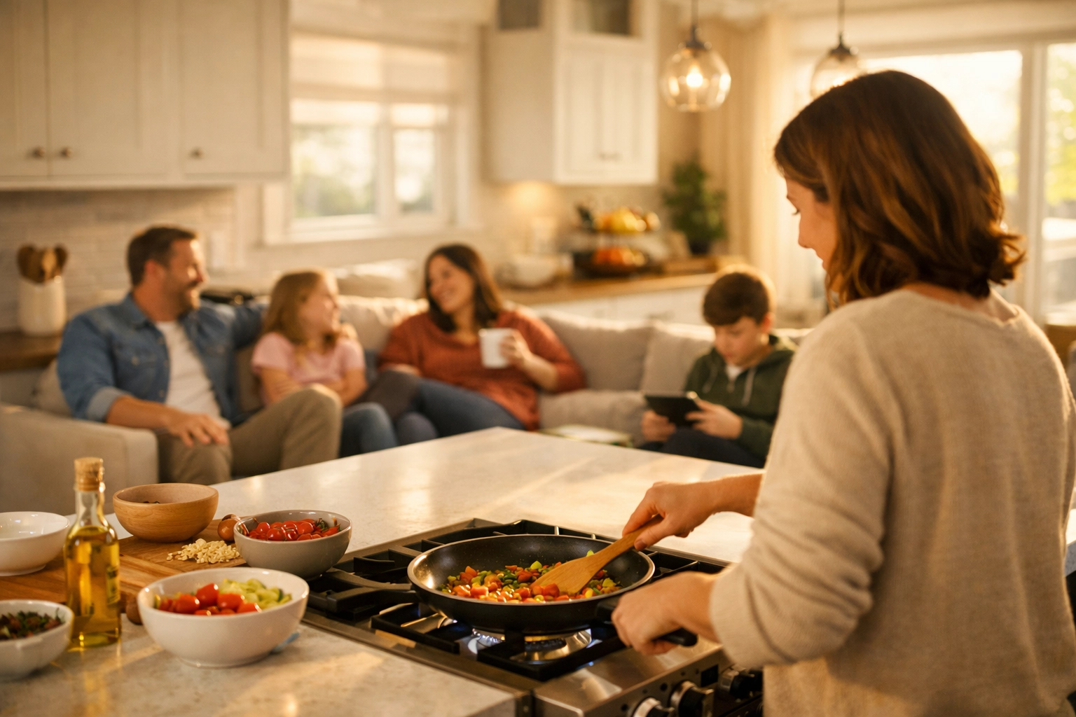 Family enjoying open concept kitchen living space in remodeled Orlando home