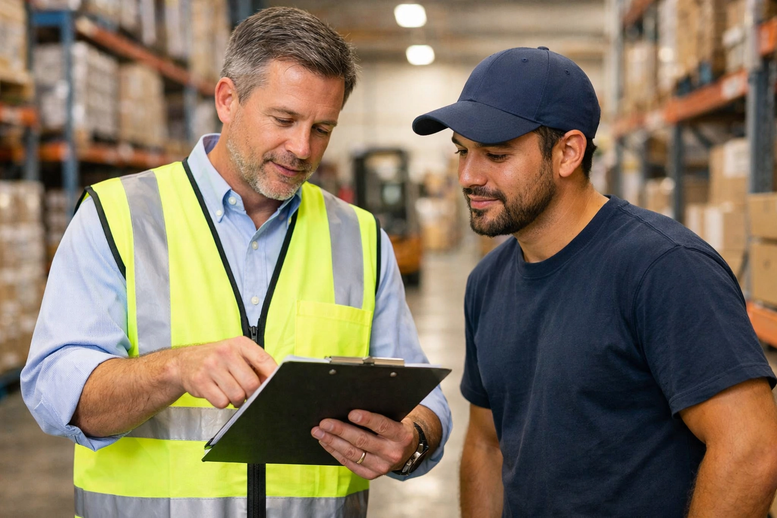 Supervisor and employee reviewing a modified duty checklist to ensure safety and workers comp compliance.