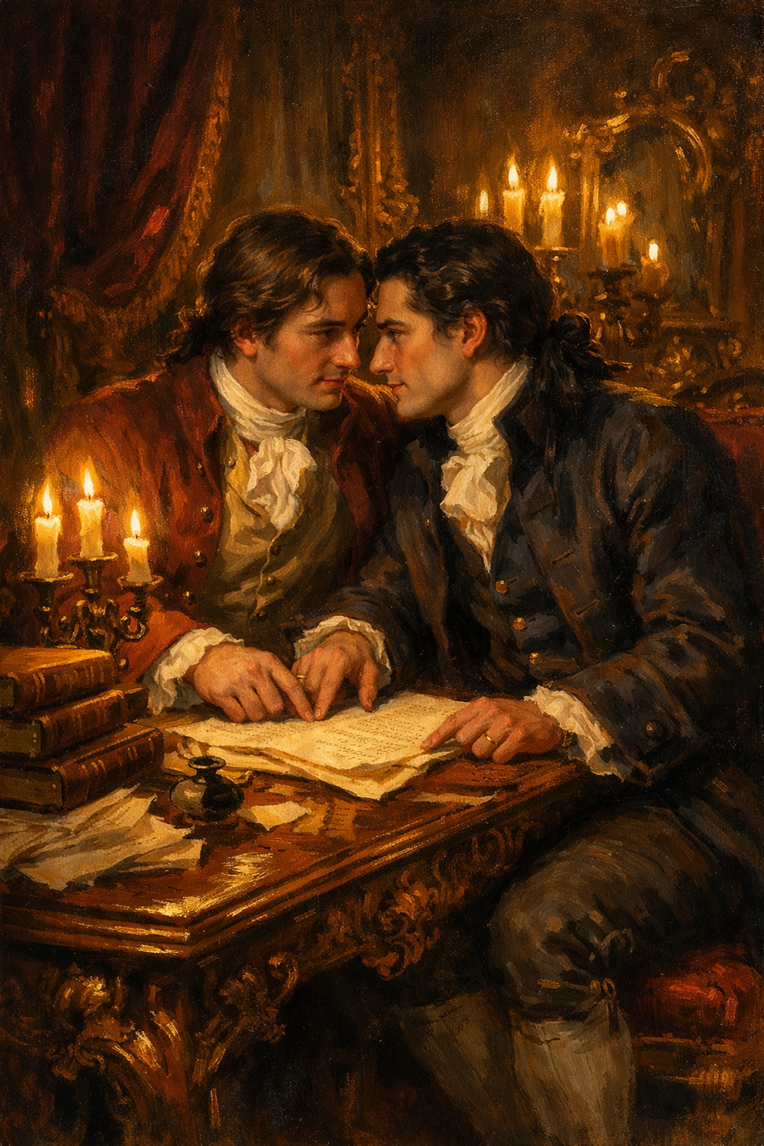 Two men share intimate moment over manuscripts in 18th century Geneva salon - MM historical romance