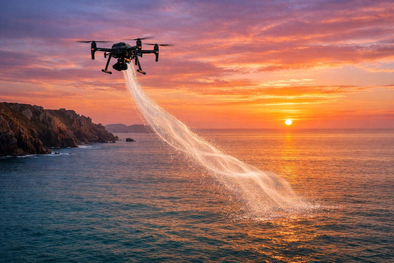 Drone scattering ashes over the Cornwall coast at sunset, providing a serene and dignified memorial service.