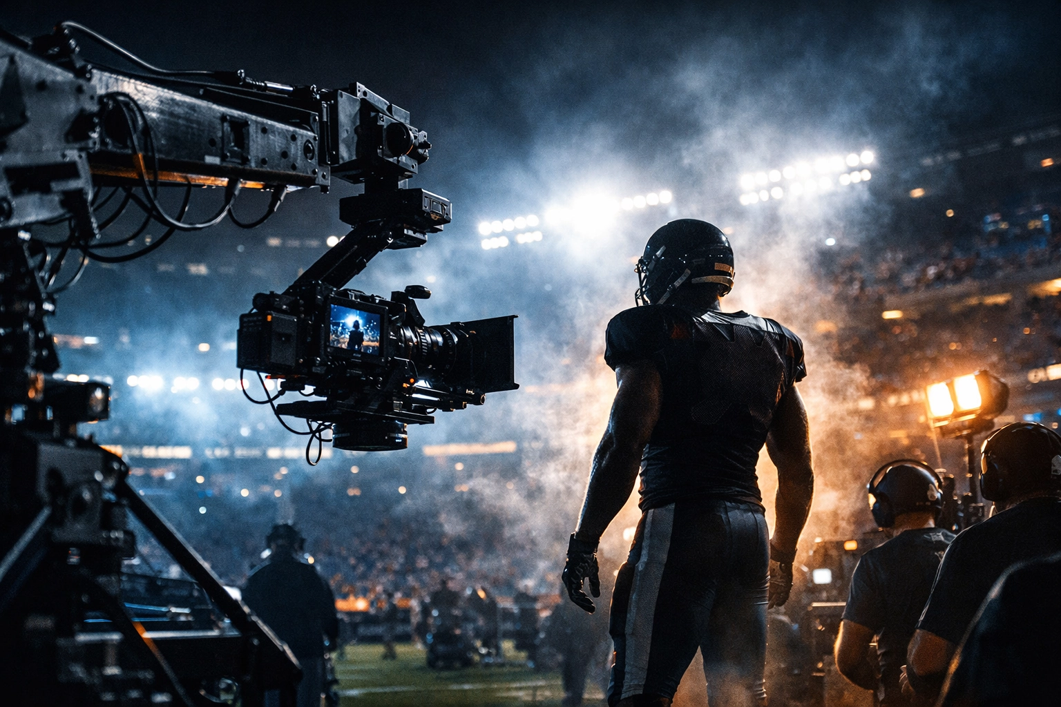 Professional film camera capturing an athlete in a stadium for a high-cost Super Bowl ad campaign.