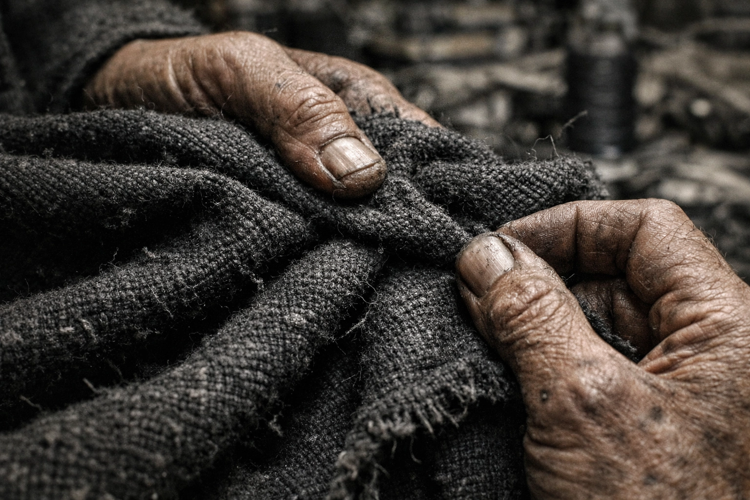 Detailed close-up of artisan hands crafting textured hand-loomed textiles in a design studio.