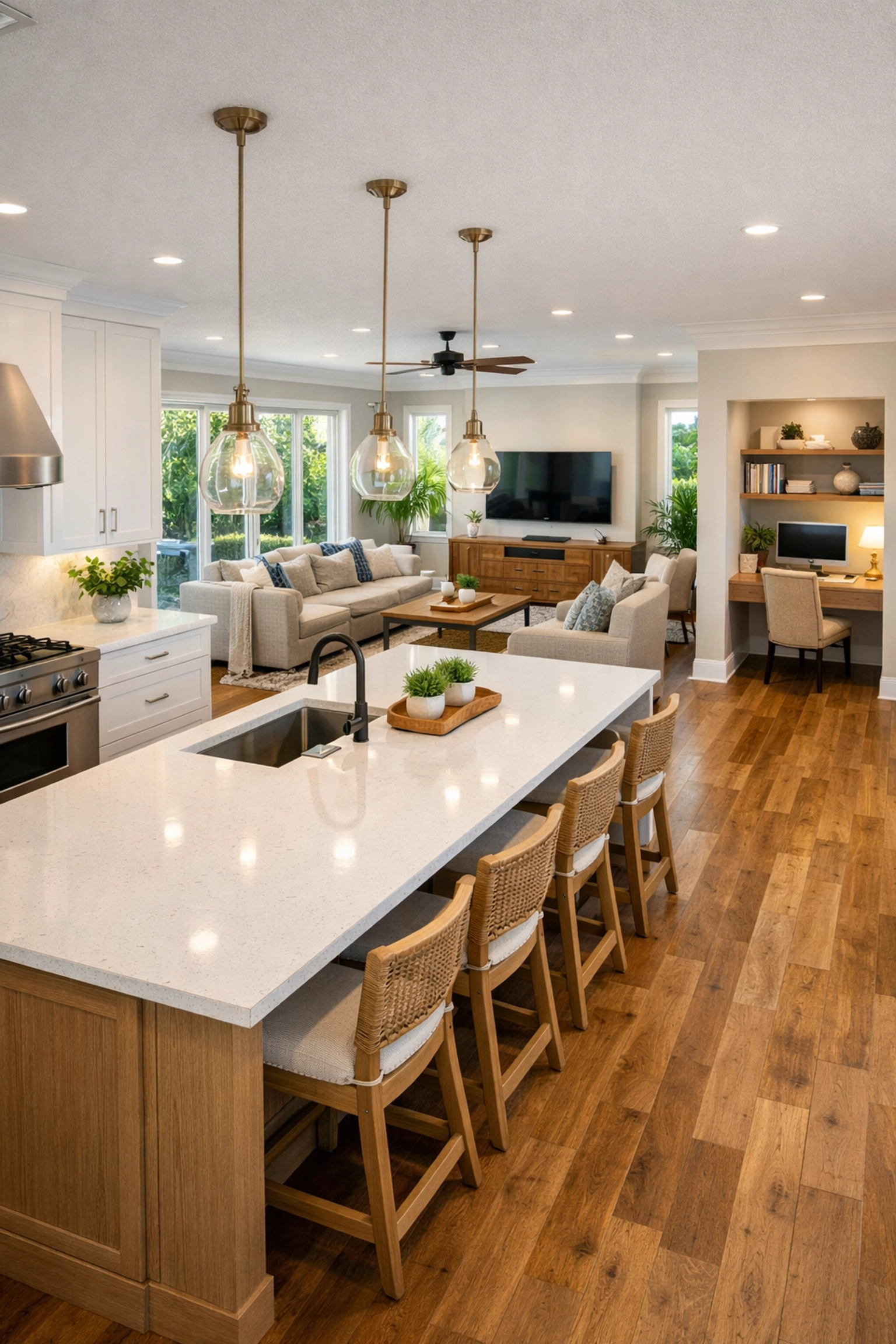 Open concept home remodeling Orlando with defined functional zones and multi-use spaces