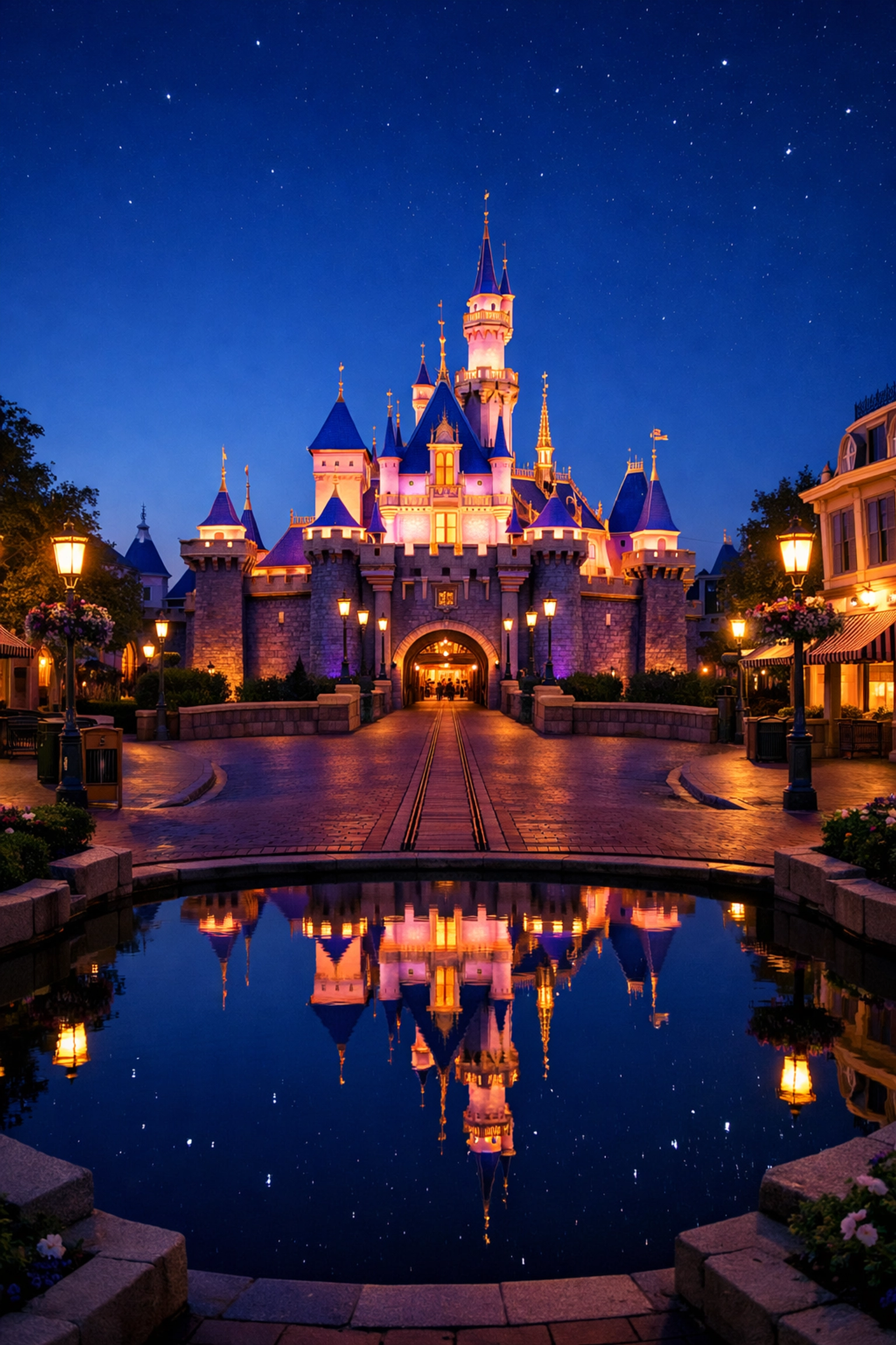 A quiet, glowing Disney castle at twilight, highlighting the beauty and savings of traveling during off-peak dates.