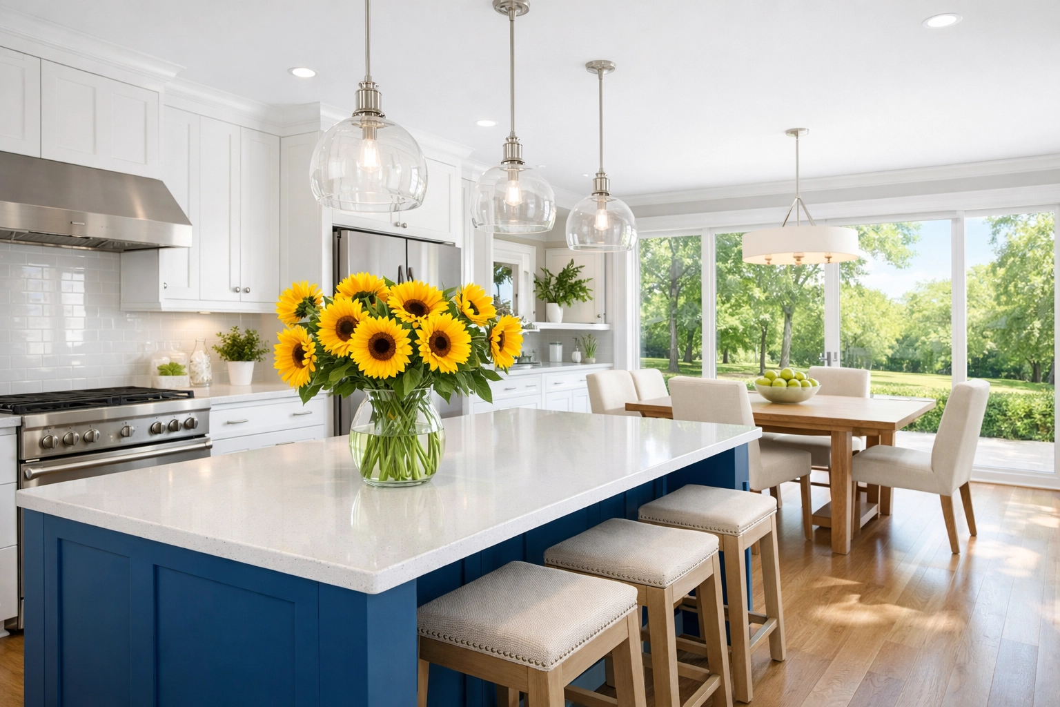 A spotless, sun-drenched Wayland kitchen showcasing the results of eco-friendly house cleaning.