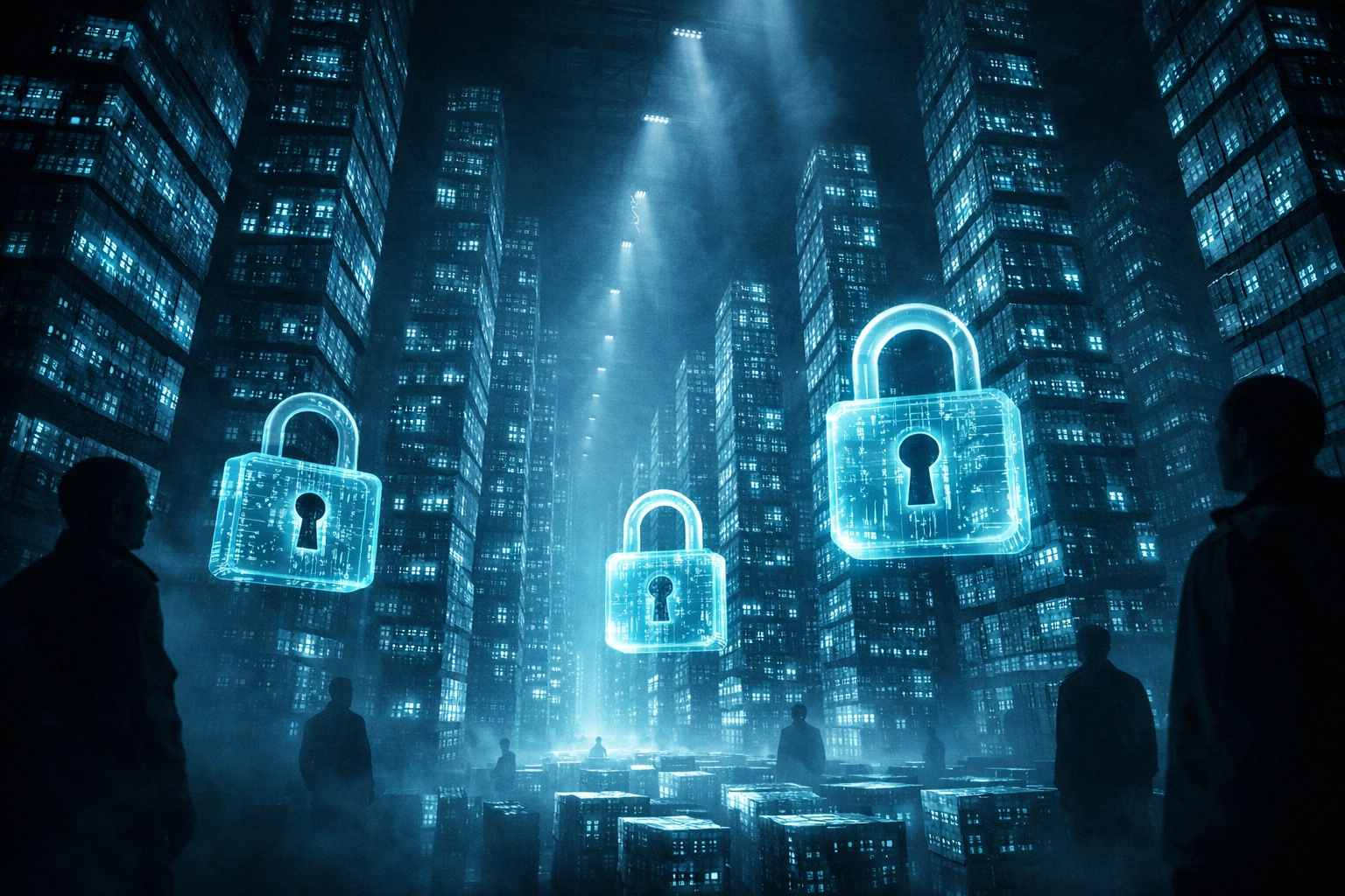 Encrypted business data stored in digital warehouse being monitored by cybercriminals for future decryption