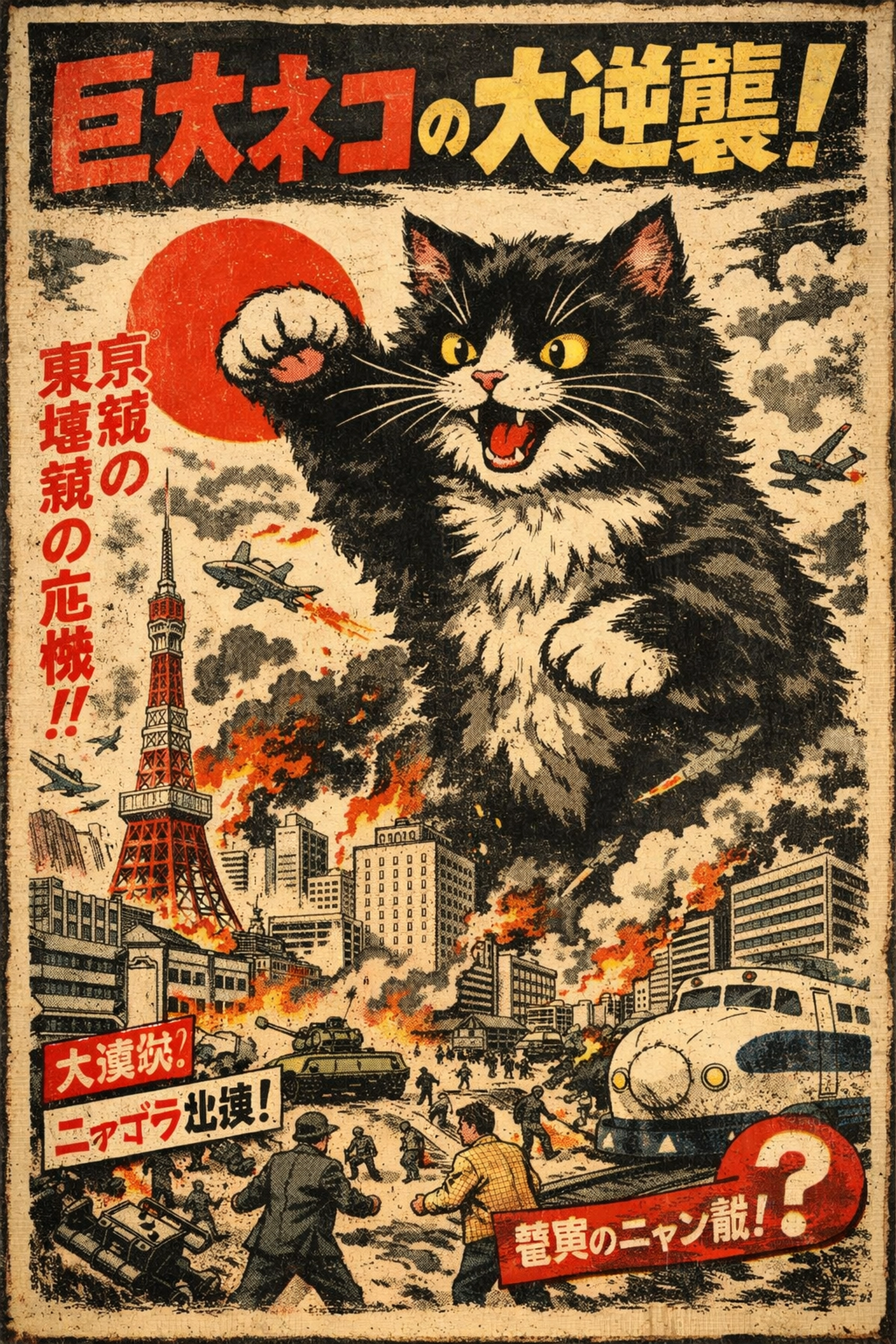 Vintage Japanese Kaiju movie poster illustration featuring a giant black cat over Tokyo.
