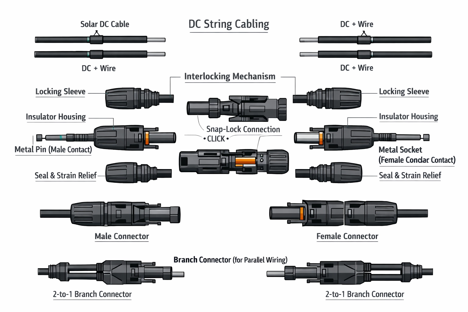 Professionelle MC4 Solar-Steckverbinder und DC-Verkabelung für eine sichere PV-Installation.
