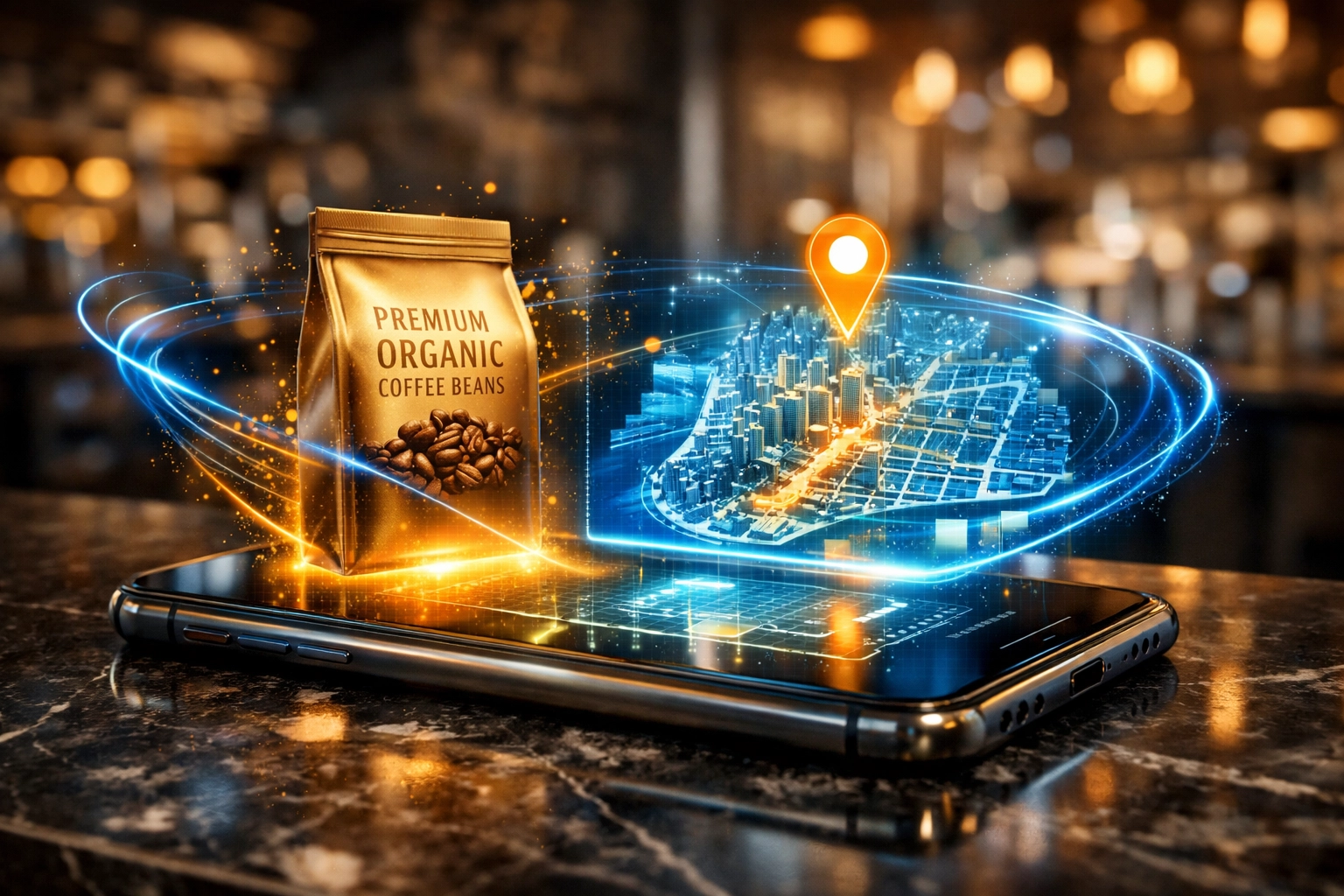 AI-powered search interface on a smartphone finding local coffee merchants for Larecoin Web3 payments.