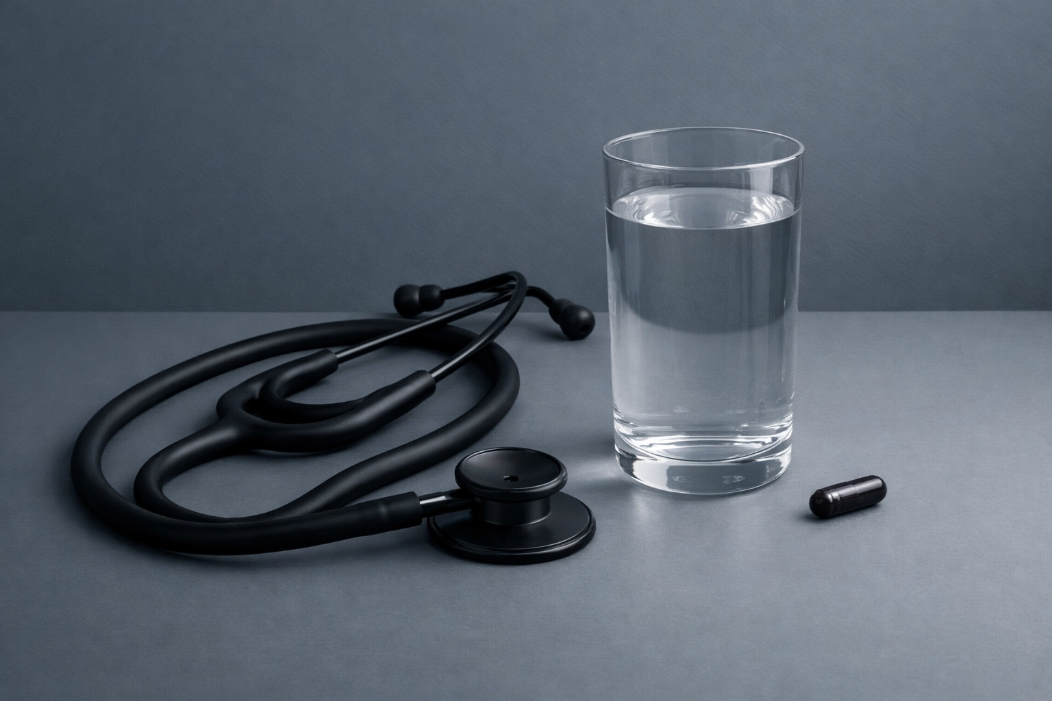 A stethoscope next to a herbal capsule and water, showing the link to professional healthcare.