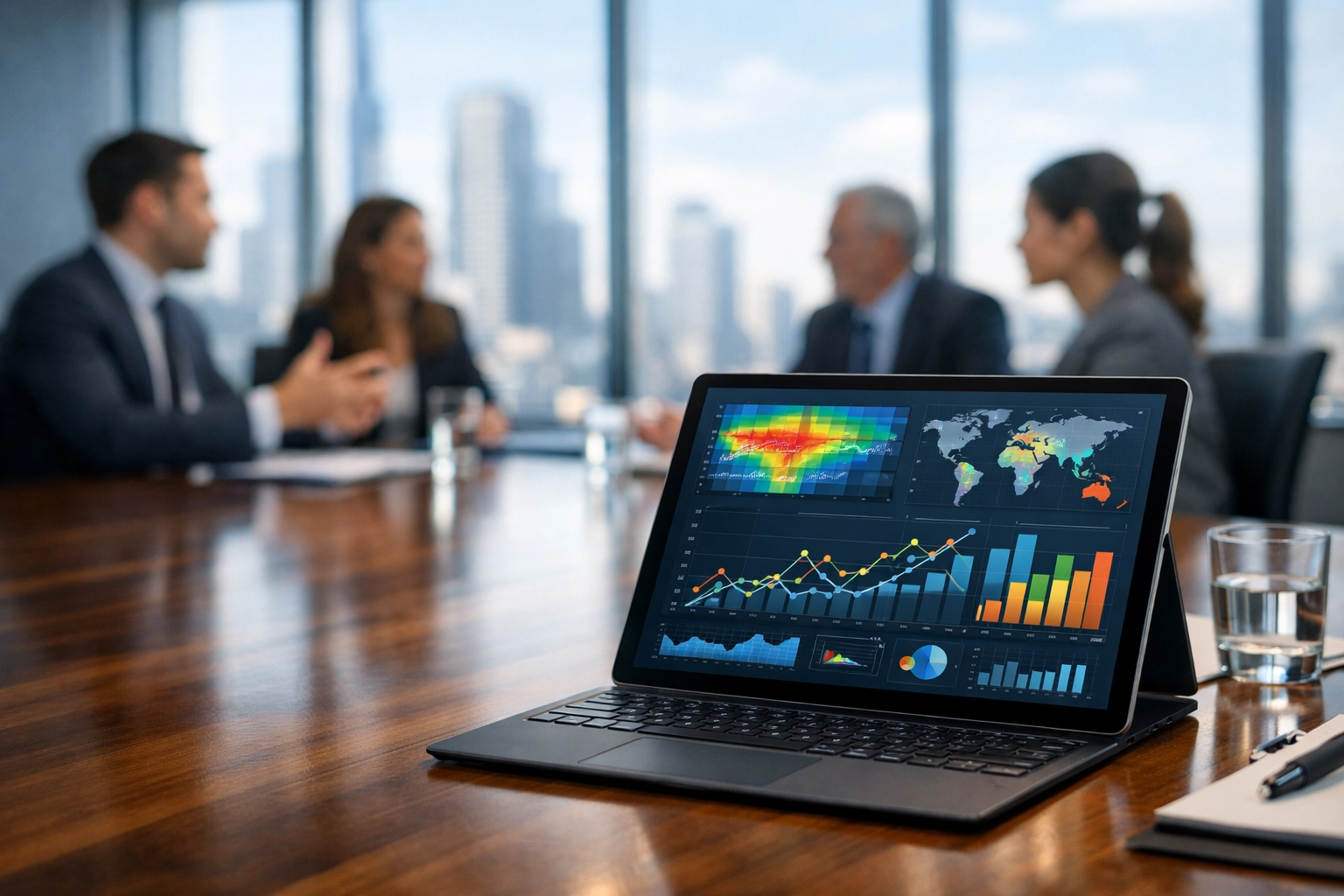 A modern corporate strategy room with a tablet displaying data analytics for national media and business growth.