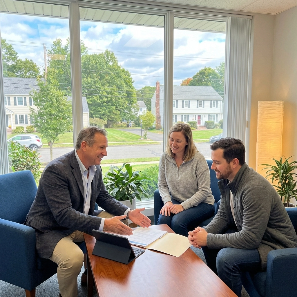 Insurance agent helping Connecticut couple with life insurance decisions, building trust after application submission