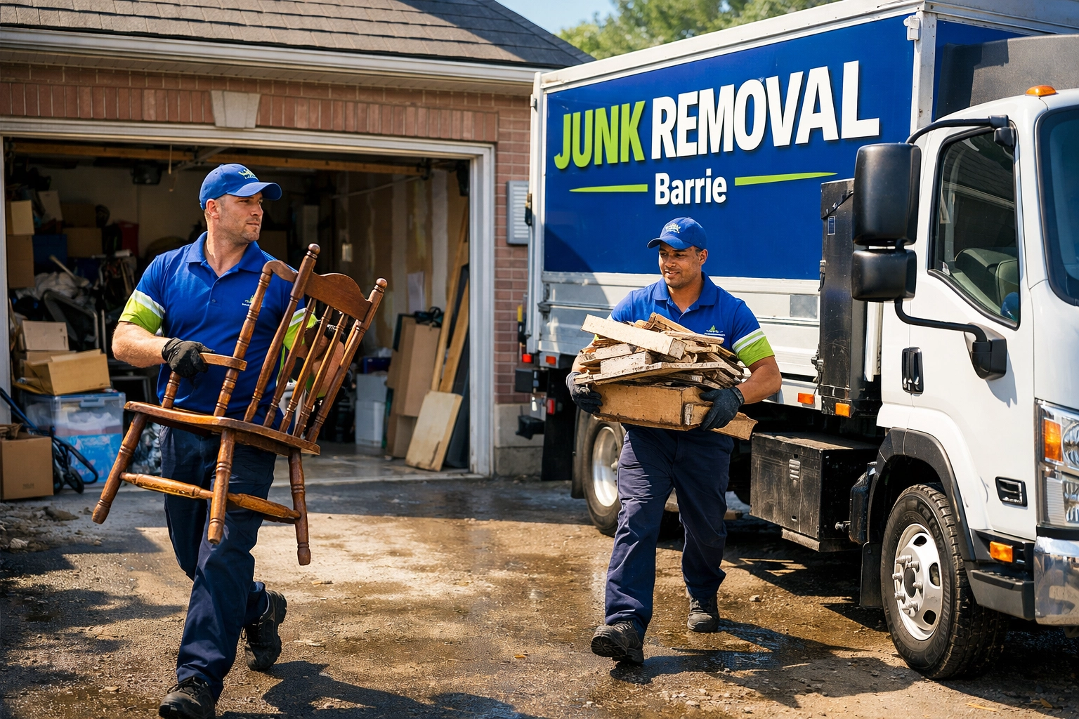 Your Quick-Start Guide to Ontario’s New 2026 Recycling Rules: Do This First Junk GTA team removing furniture and renovation debris during a professional garage cleanout in Barrie.