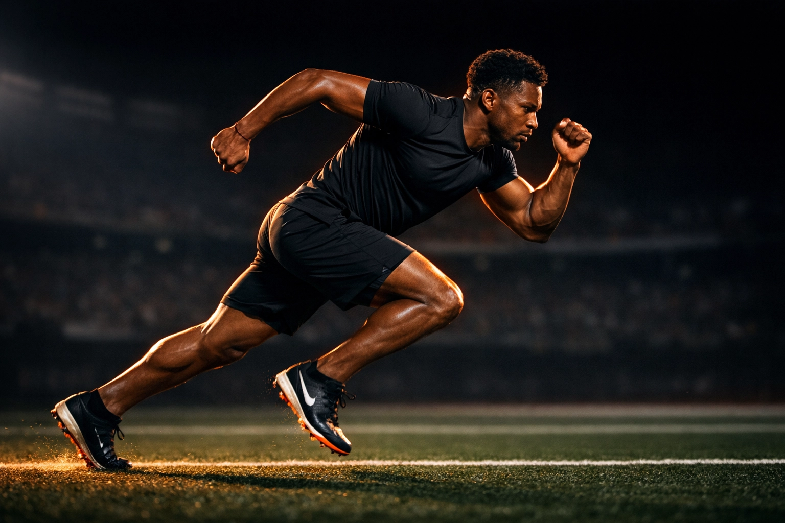 Athlete demonstrating elite sprinting mechanics with explosive arm action and proper foot strike.