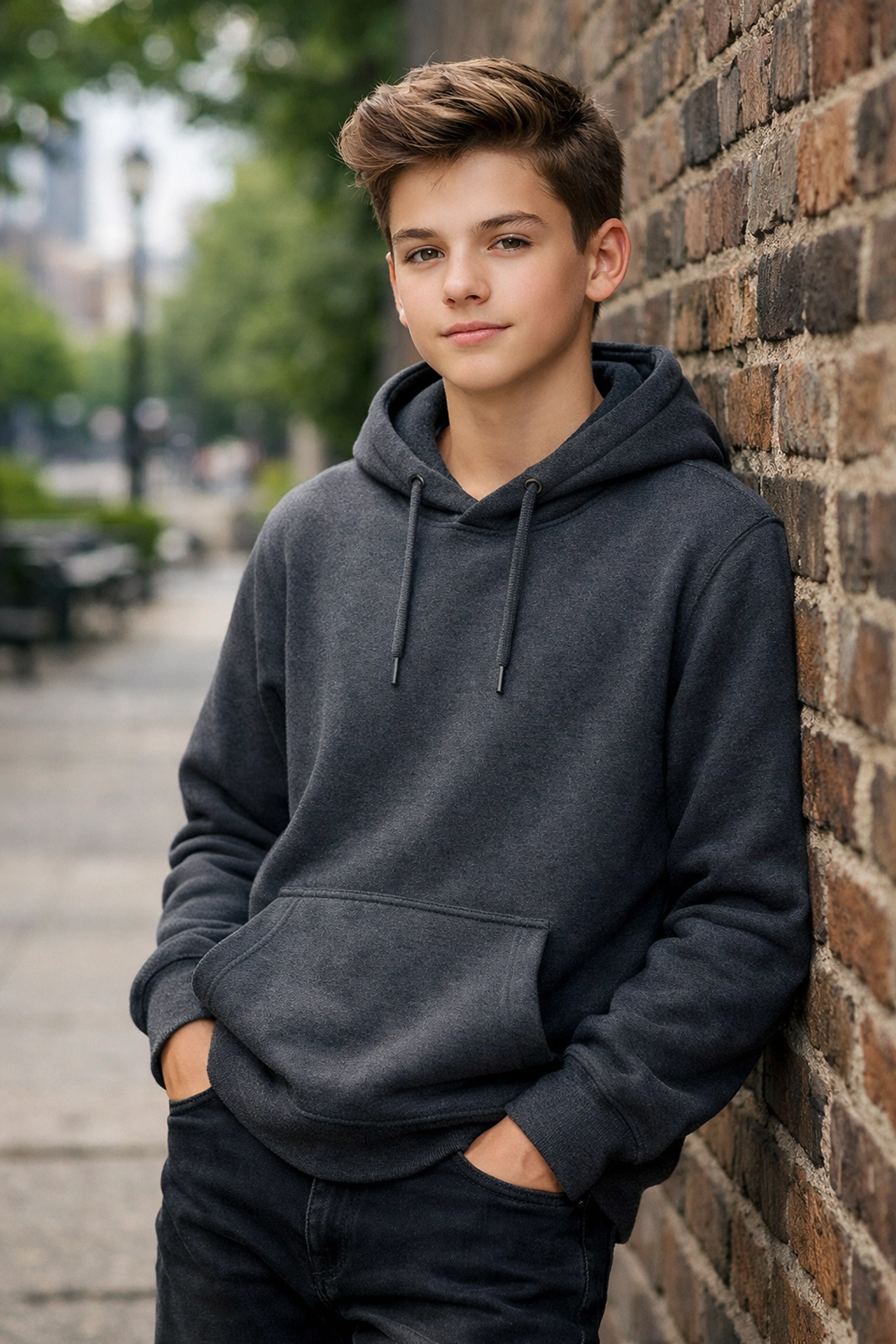 A confident teen wearing a stylish, discreet weighted hoodie for stealth stimming and sensory regulation.