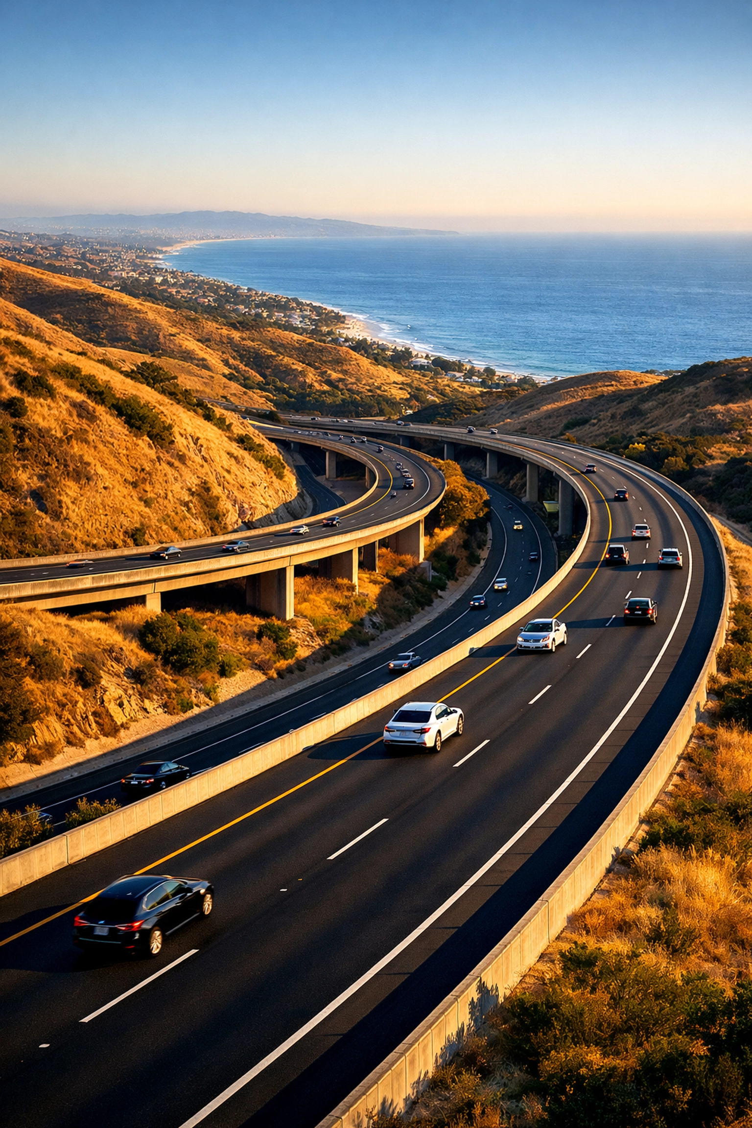 Aerial view of Orange County's 73 toll road with Pacific Ocean and luxury vehicles