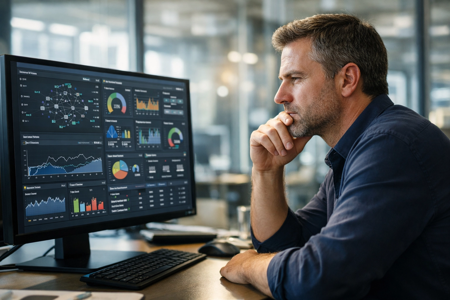 An MSP owner analyzing operational data dashboards during an MSP consulting session.