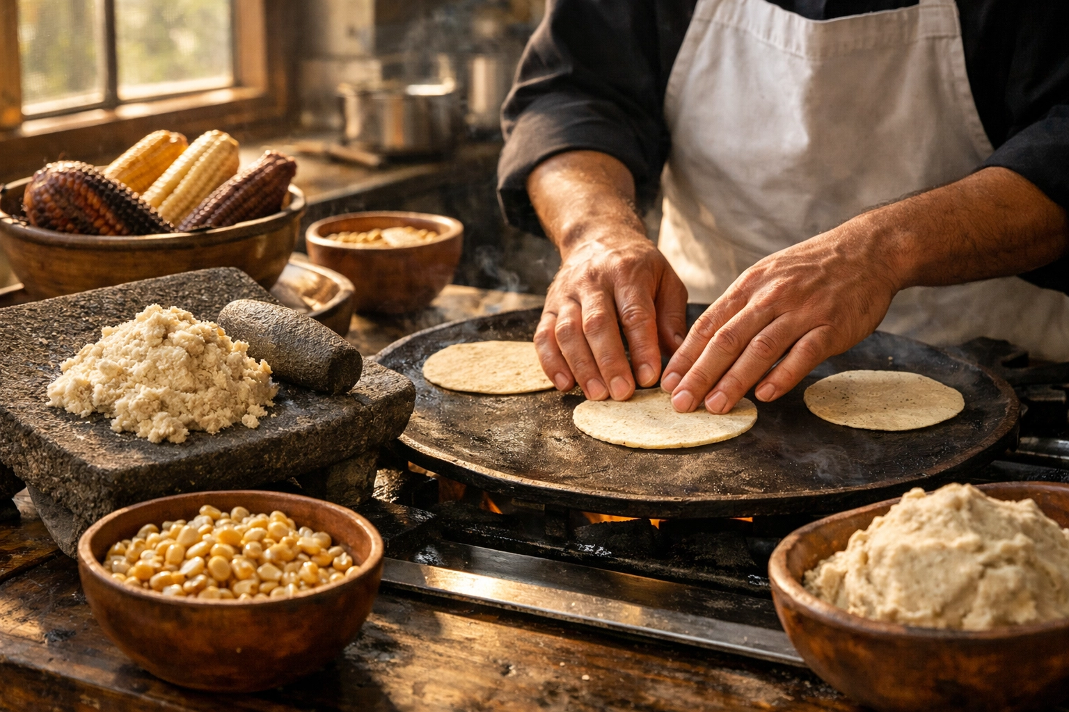 Chef preparing fresh corn tortillas using traditional nixtamalization at Maria Isabel San Francisco
