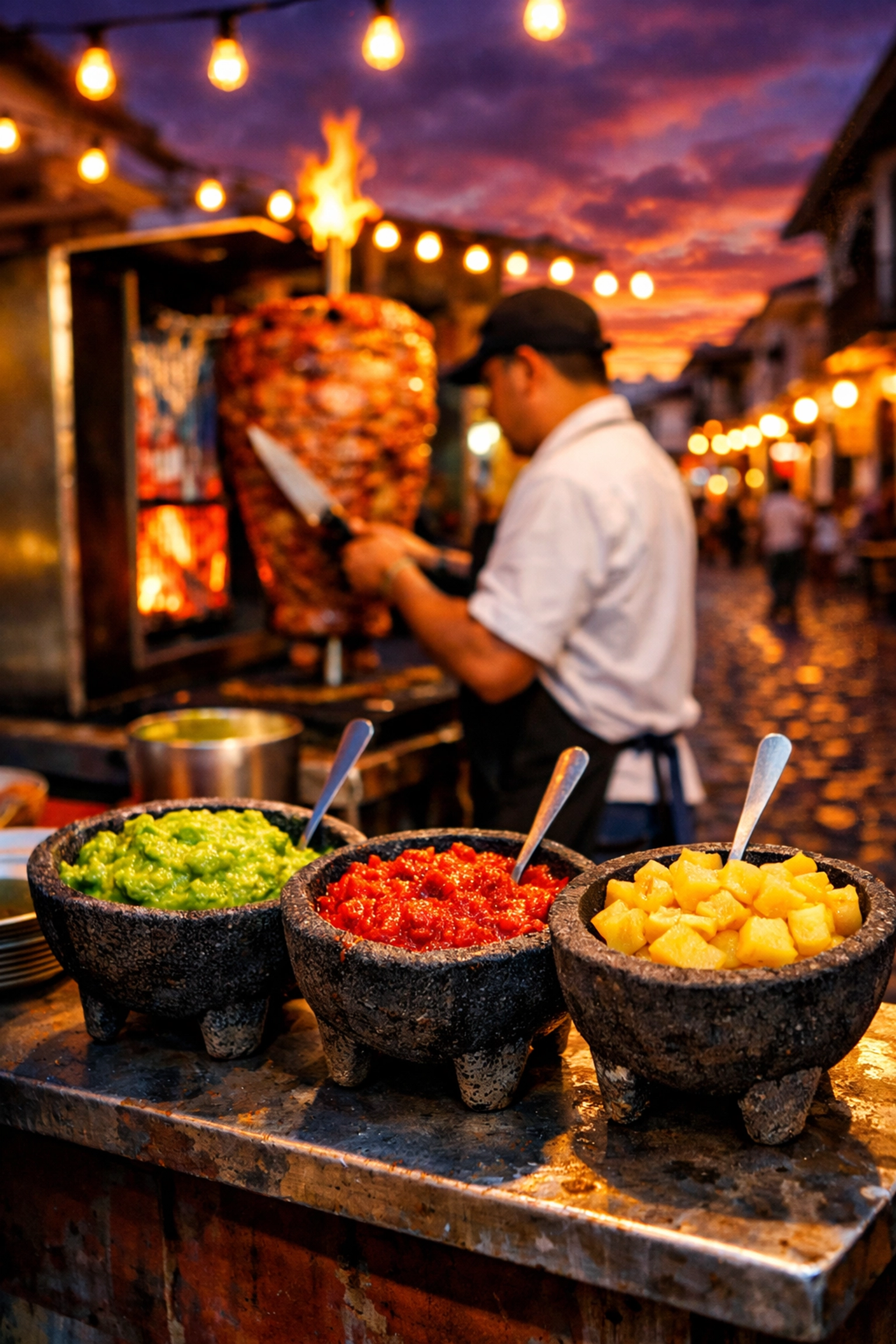 Vibrant street taco stand in Old Town Puerto Vallarta near vacation condos, showcasing the authentic local food scene.