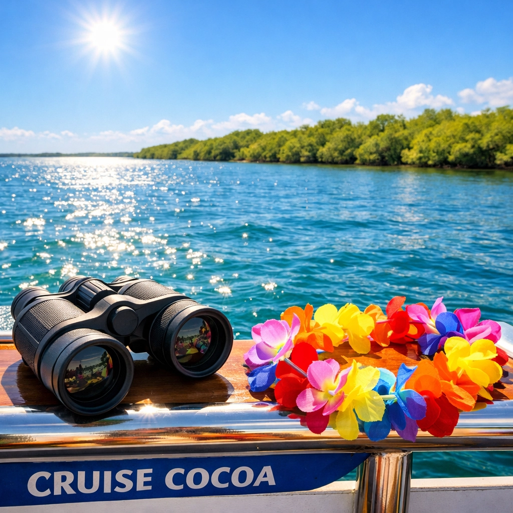 Binoculars and a lei on a boat tour in Cocoa Beach Florida near wildlife spots in the lagoon.