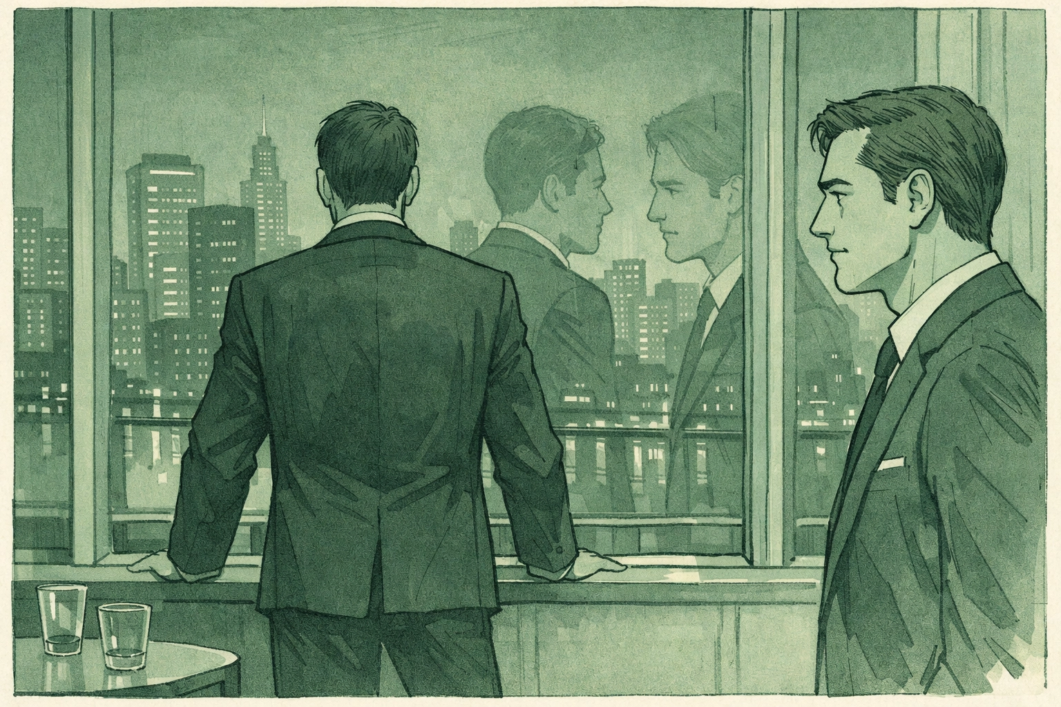 Two diplomats at window in contemporary MM romance about duty versus desire